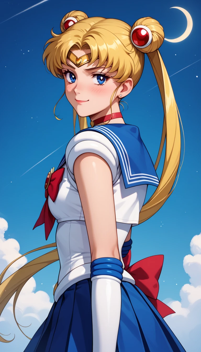 Score_9, Score_8_up, Score_7_up, Score_6_up, Score_5_up, Score_4_up, Source_anime, Tag1, Tag2, Quality_masterpiece, Anatomically correct, detailed skin, 1girl, detailed face, solo,
usagi tsukino, blonde hair, blue eyes, double bun, hair bun, hair ornament, long hair, twintails, circlet, parted bangs,
back bow, blue sailor collar, blue skirt, bow, brooch, choker, crescent moon, elbow gloves, gloves, jewelry, magical girl, pleated skirt, red bow, red choker, ribbon, sailor collar, sailor senshi uniform, skirt, white gloves,

Sensual girl, Seductive, Glamor, seductive BREAK, embarrassed, smug, looking at viewer,

plains, night background, standing, thighs,