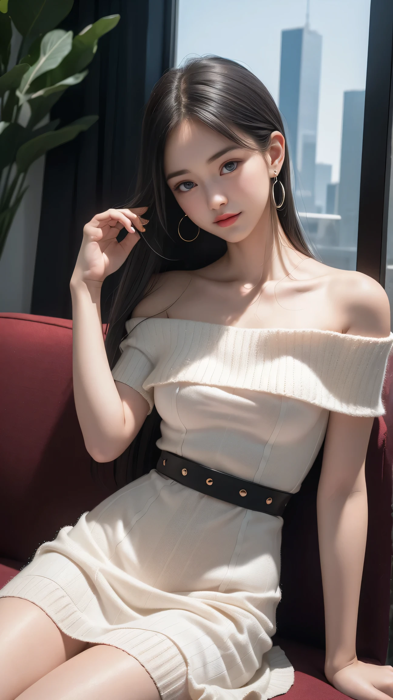 Araffe asian woman in a white dress sitting on a red couch - SeaArt AI