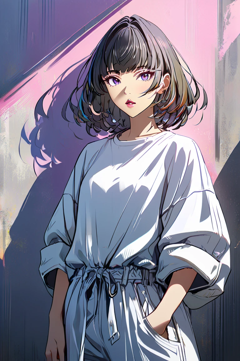 1girl, solo,hands_in_pockets, multicolored_hair, shadow, parted_lips, bangs, standing, white_shirt, looking_at_viewer,