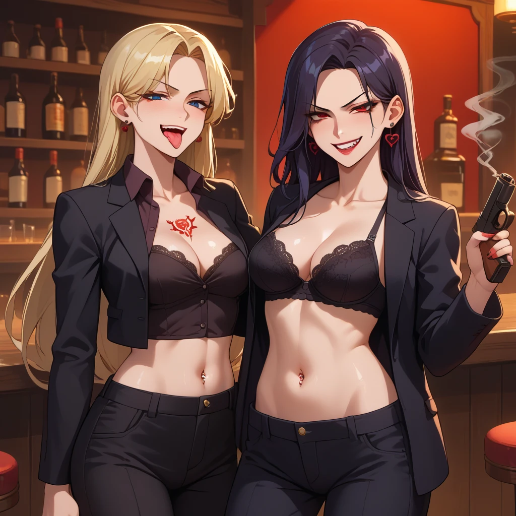 two girls, 2girl, evil smile, smug, smirk, anime coloring, unusually open eyes, ear piercing, long hair, blush, lipstick,Hot girl, baddie, smoking, sensual, attractive ,,bar background, inside bar,indoors, long sleeves,
cleavage, jacket, unbuttoned pants, black jacket, black pants, formal, suit, black bra, evil smile, smile,
(nsfw) not safe for work, navel, evil expression, exposed belly, exposed navel, exposed midriff,
exposed lower belly, unbuttoned long black pants, open mouth, holding a gun, holding pistol, tattoo on body, tattoo midriff, rose tattoo, , shiny skin, navel piercing, tongue out, 