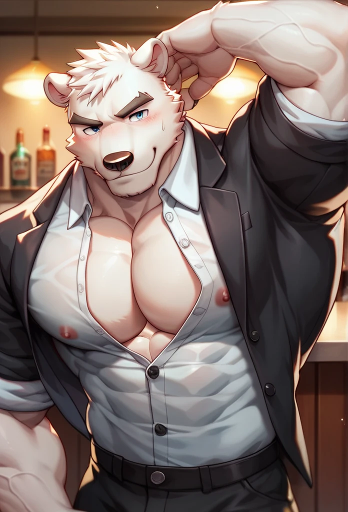 muscular man wear working in bar as bar tender, furry, an anthro (white lion), an anthto, a old man muscular, facial hair, happy expression, extremely detailed muscle, detailed face, face, detailed eyes, eyes, detailed muscle, realistic rendering, CG realistic, 3d realistic, photography, background, shirtless