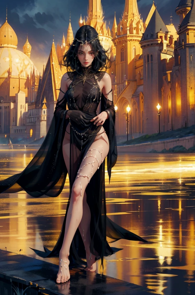 ((aeolian)), 1 ((young)) girl with a beautiful face and green eyes, Princess, ((wearing a backless black dress)), very long black hair, fantasy castle landscape, bare feet, full body view, view from side, wearing golden anklets, wet skin, raining weather, wet clothes