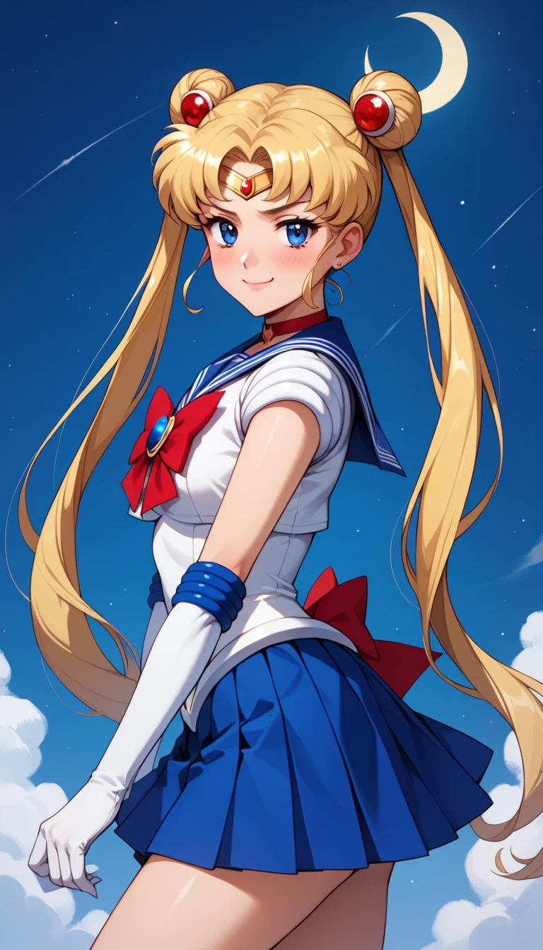 Score_9, Score_8_up, Score_7_up, Score_6_up, Score_5_up, Score_4_up, Source_anime, Tag1, Tag2, Quality_masterpiece, Anatomically correct, detailed skin, 1girl, detailed face, solo,
usagi tsukino, blonde hair, blue eyes, double bun, hair bun, hair ornament, long hair, twintails, circlet, parted bangs,
back bow, blue sailor collar, blue skirt, bow, brooch, choker, crescent moon, elbow gloves, gloves, jewelry, magical girl, pleated skirt, red bow, red choker, ribbon, sailor collar, sailor senshi uniform, skirt, white gloves,

Sensual girl, Seductive, Glamor, seductive BREAK, embarrassed, smug, body facing viewer,

plains, night background, standing, thighs,