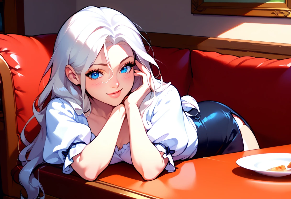 Adult female, 37 years old, long white hair, pale skin and light blush on cheeks, blue eyes, beautiful anime appearance sharp facial features, wearing white blouse, long black satin skirt. Top view. Finger at the mouth. The scene is an expensive kitchen in a flat. A table with a white tablecloth. Sitting with her arse on the table. One leg hanging down. Haughty expression, imperious smile, provocation.