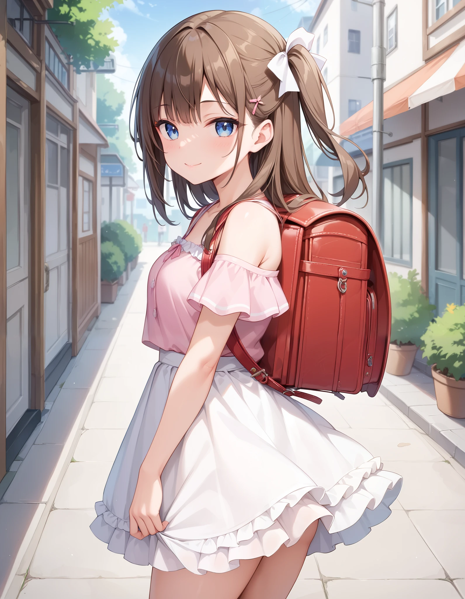 masterpiece, best quality, highres, 1girl, long hair, one side up, solo, ponytail, hair ribbon,brown hair, blue eyes, bare shoulders, pink shirt, off-shoulder shirt, frilly skirt, white skirt, cowboy shot, looking at viewer, smile,standing, fullbody, wear flip flop, wearing randoseru backpack, red backpack , outdoor, day