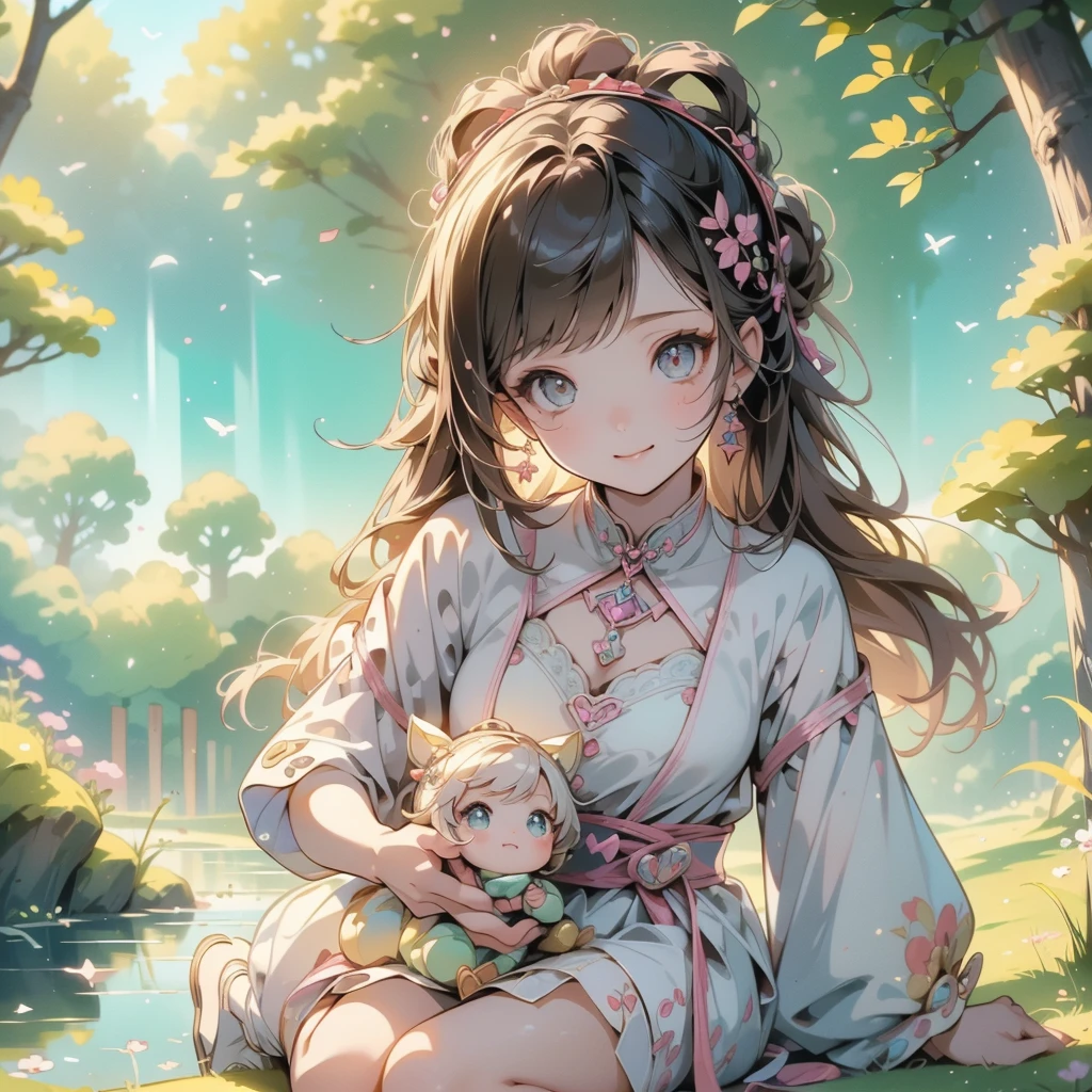 Chibi、1girl, pretty face、Baby Face、((( dynamic best composition 、 super detailed、 best quality、 greatest masterpiece、 high definition、 perfect anatomy )))、 sitting beside the natural Nakagawa River and playing with fairies、Chibi、cute、smile、fun、like