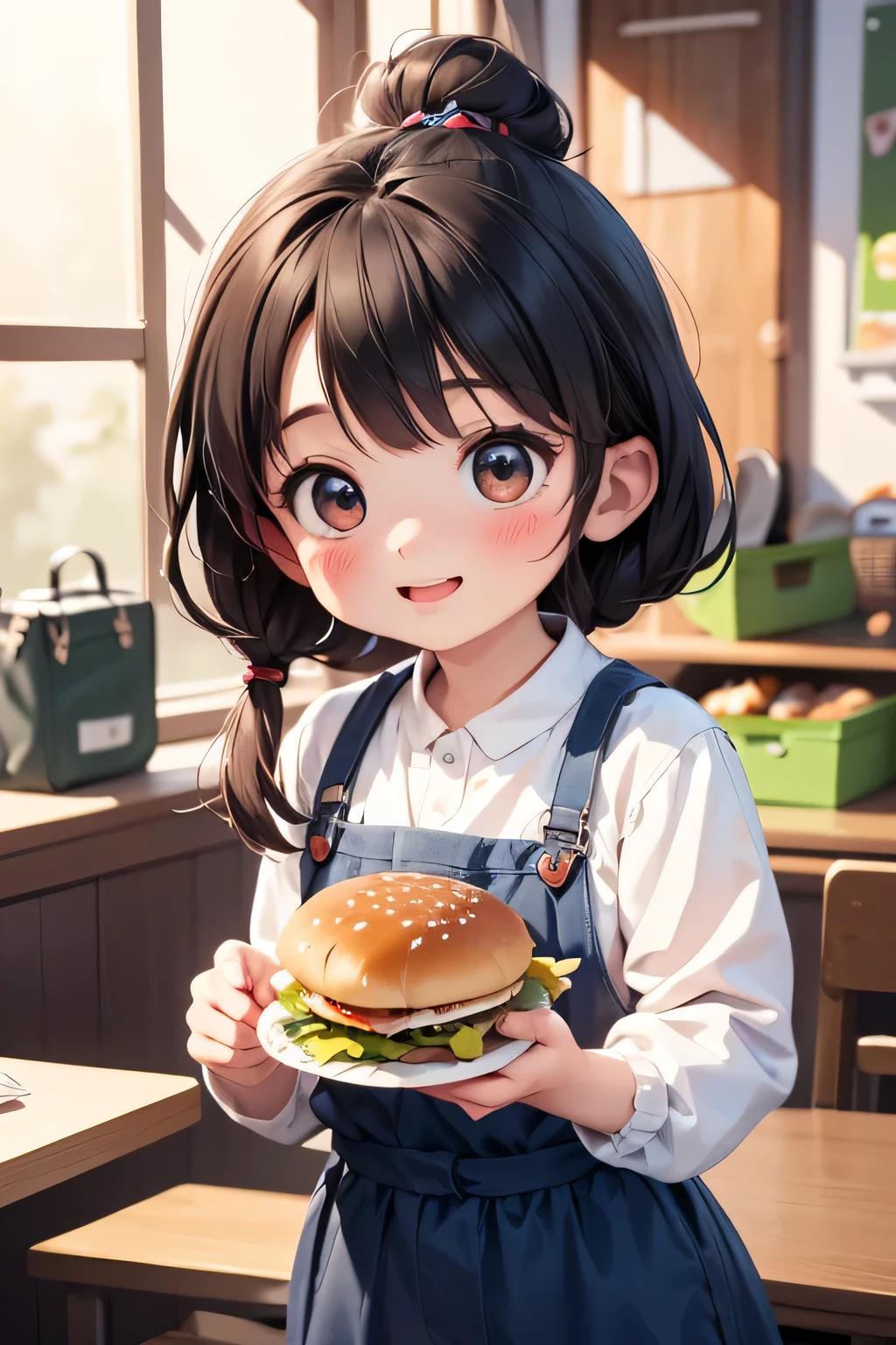 highest quality、High resolution、Detailed Background、Today is "Good Meat Day," so Mei, a -year mup early to make a lunchbox.It's been her dream to one day give a homemade lunchbox to her crush, Takuma."Okay, the heart-shaped hamburger is perfect!" Mei closed the lunchbox with a satisfied look on her face.
During lunch break, she called out to Takuma with a pounding heart, "Takuma, um... today is good meat day, so... please try this!" She handed him the lunchbox.
Takuma was surprised for a moment, but then he smiled and took it, saying, "Thanks, Mei. The hamburger is really good." It looks delicious!"
Mei's cheeks are red as she watches Takuma take a bite. "Mm... it's so delicious! Mei, you're a good cook!"
Mei's heart beats faster. "Really? I'm glad... but I was thinking the heart shape might be a little embarrassing..." Takuma then laughs shyly and says, "No, I'm really happy about the heart shape. In return, I'll treat you on the next good meat day!"Mei's heart feels warmer than a hamburger steak. She can't wait for the next "good meat day".