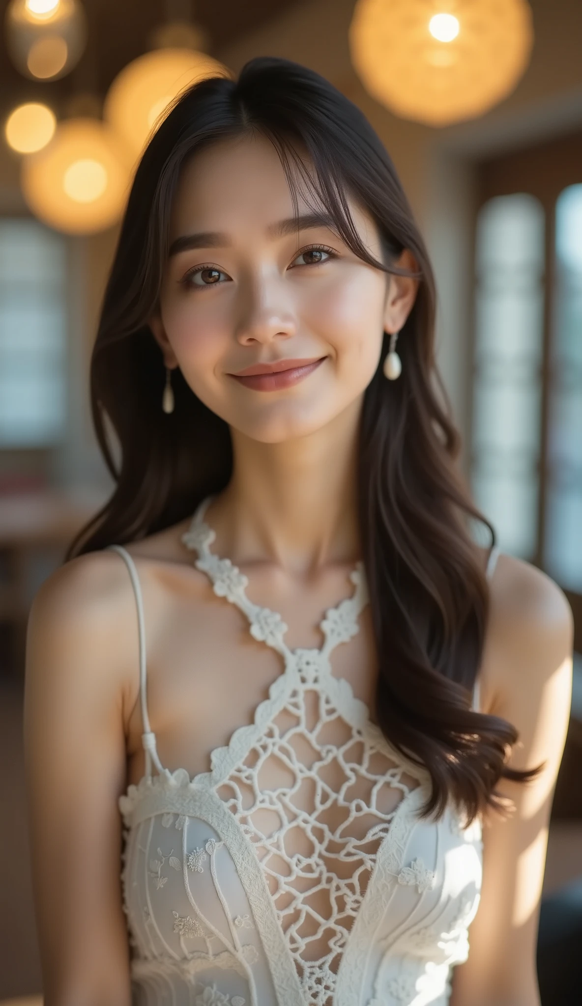 1 girl, smile, ((( small breasts))), (((Bokeh))), depth of writing, cute face, in, Masterpiece , model shooting style , clevis, Full Body Portrait, Sexy Poses , ((8k, RAW photos , best quality , Masterpiece ), high-resolution RAW color photo 、 PROFESSIONAL PHOTO, (Realistic, photorealism:1. 37), ( best quality ), ( best shadow), ( best illustration), super high resolution, High Definition CG Integrated 8K Wallpaper , physical base rendering , Cinematic Lighting ),