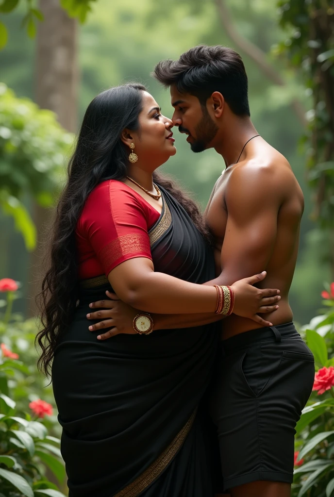Newly wed indian couple, hot slim curvy white south indian milf with long single plaited hairstyle, big breast, big hip, very big ass, thick thighs, woman wearing saree pallu down, cleavage, indian couple, very short indian black man with short haircut, muscular body and big moustache, man wearing shorts, woman with man, couple in house, couple standing near the door and romance, high resolution, couple looking at camera, tall woman and short man, close-up potrait, Closed Mouth, serious face, front full body view, in kitchen, bright lighting, man choking woman neck