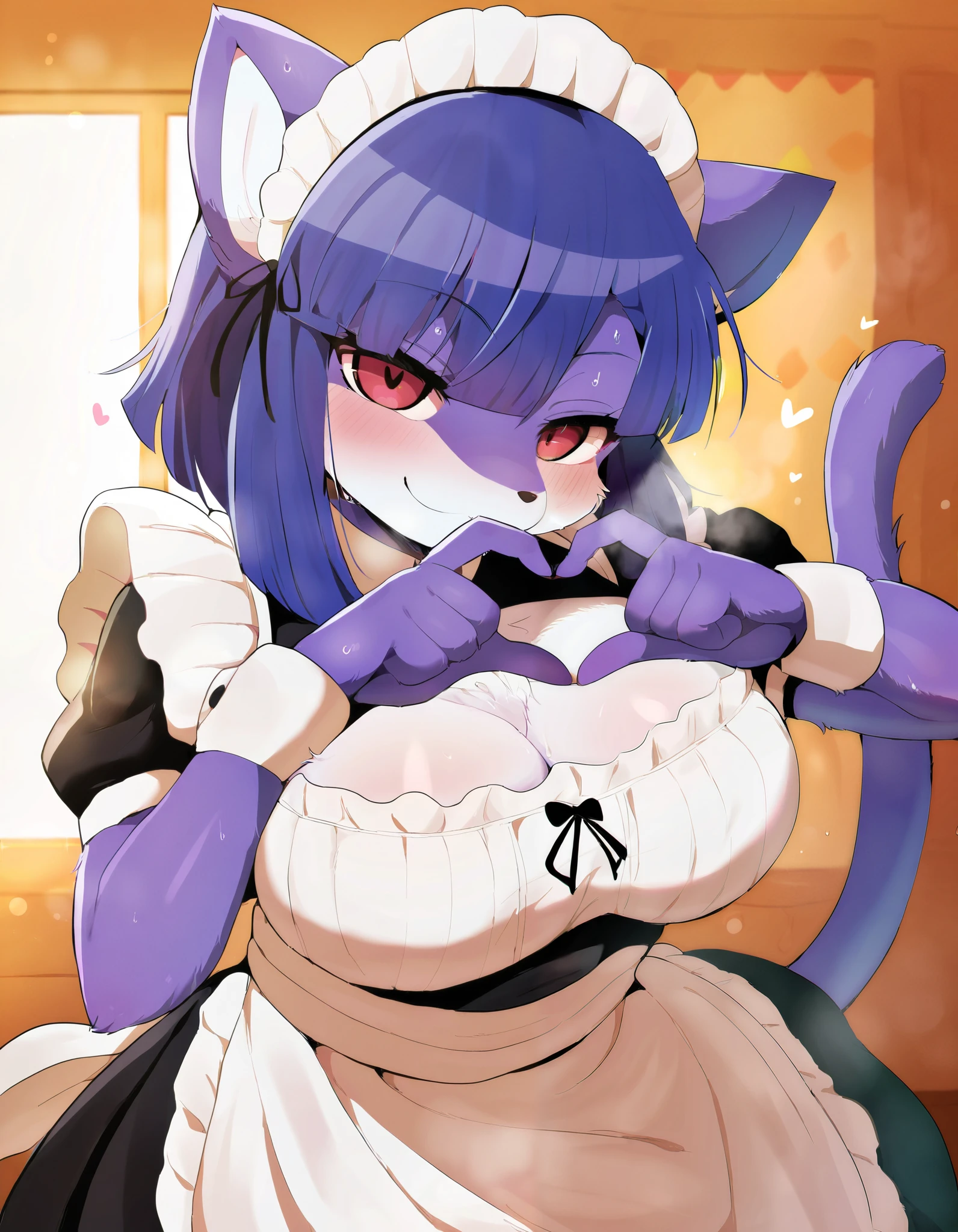 Dagashi_(Daga2626), score_9, score_8_up, score_7_up, rating_ safe, masterpiece, best quality, high resolution, absurdres, solo, 1girl,furry, breasts, looking_at_viewer, purple_fur, maid, maid_headdress, heart_hands, smile