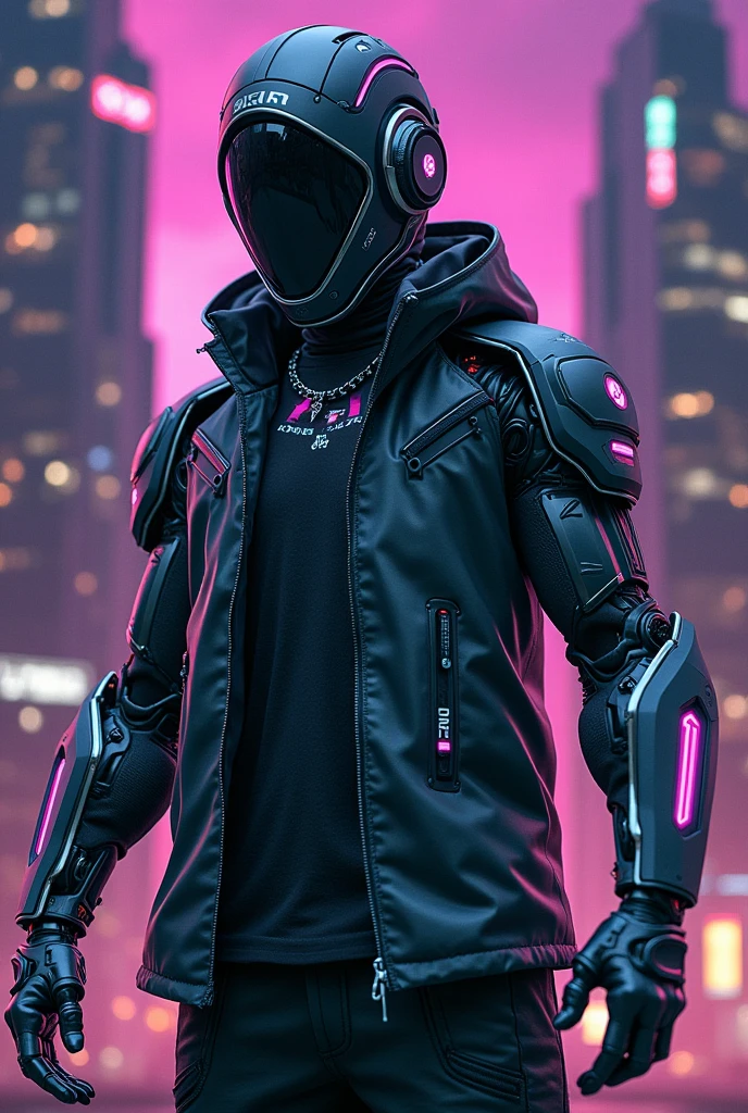 homem com roupa cyberpunk , cidade futurista com luzes neon , 3d uhd 4k