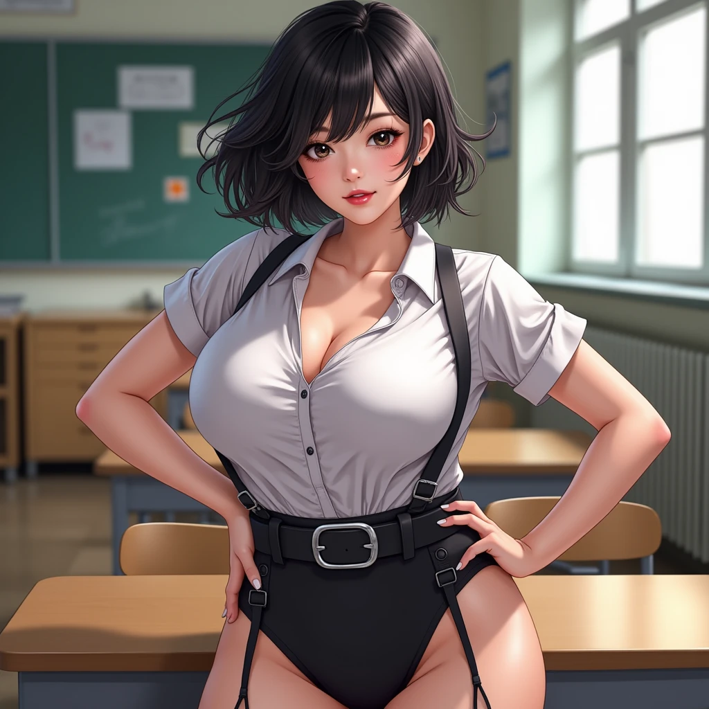 『 1 girl:1.3』 best quality:1.2、(( Big Breasts ))、 slightly visible cleavage 、(( young woman))、(( has red cheeks))(( laughing))、((( anatomically correct 、 perfect anatomy 、 anatomically correct 指)))  bust up shot 、( plump body)、  Masterpiece ,  best quality, Illustration,  super detailed,  details,  high definition , 8k,wallpaper, Perfect dynamic composition,(Detailed high quality,  realistic depiction of eyes kissed in the changing room:1.3), ( wavy hair:1.2), High school classroom、  Women's College Uniform、 blazer 、 Super Short Check Uniform Skirt、Navy blue high socks、 garter belt、Big Breasts、Disturbed Uniforms,  short bob hair,  black hair color,  Big Breasts ,  Big Natural Colored Lips,  bold and sexy poses, (Perfect figure), Crying a little、 Harajuku style、 20 year old girl 、 cute type,  beautiful legs, hposing gravure idol,  Full Thighs ,  accurate anatomy、 super high definition beautiful face、 ultra HD hair、Ultra HD The Shining Eyes、The Shining, Super high quality beautiful skin 、 super high quality glossy lips