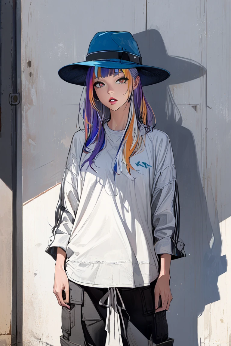 1girl, solo, hat, hands_in_pockets, multicolored_hair, shadow, parted_lips, bangs, standing, white_shirt, looking_at_viewer, shirt,