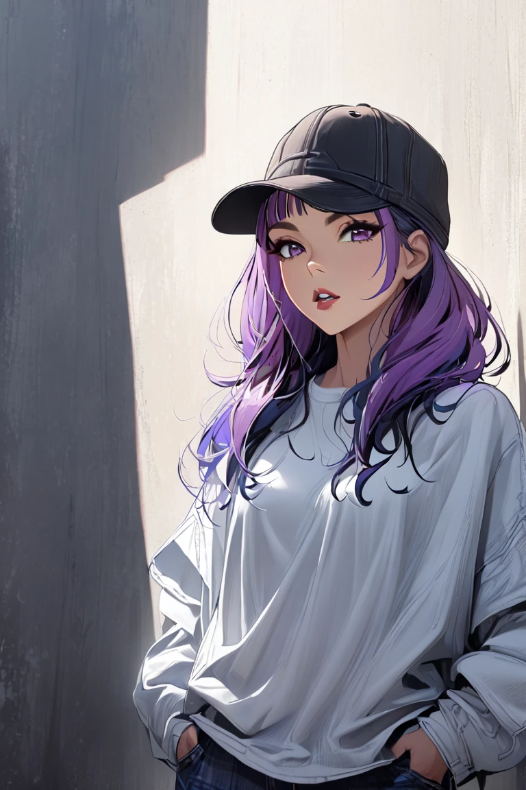 1girl, solo, hat, hands_in_pockets, multicolored_hair, shadow, parted_lips, bangs, standing, white_shirt, looking_at_viewer, shirt,