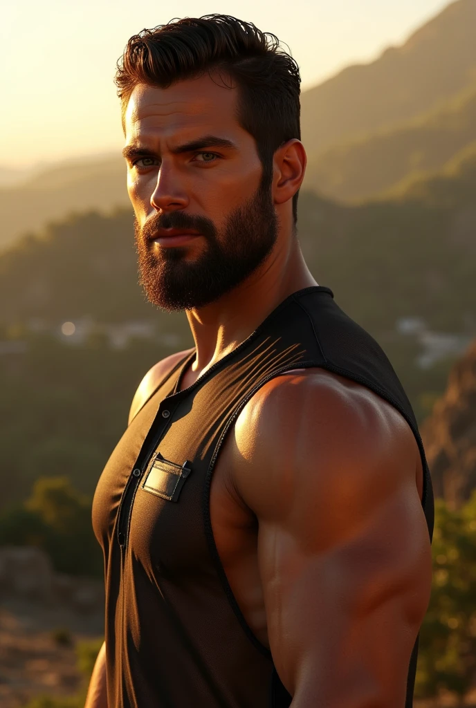 h3nr4, muscular man, handsome, stubble beard, transparent shirt, detailed facial features, chiseled jawline, piercing eyes, dramatic lighting, cinematic composition, hyper-realistic, photorealistic, 8k, high quality, unreal engine, cinematic lighting, dramatic lighting, moody atmosphere, realistic skin texture, glowing skin, beautiful background, serene nature landscape, golden hour lighting