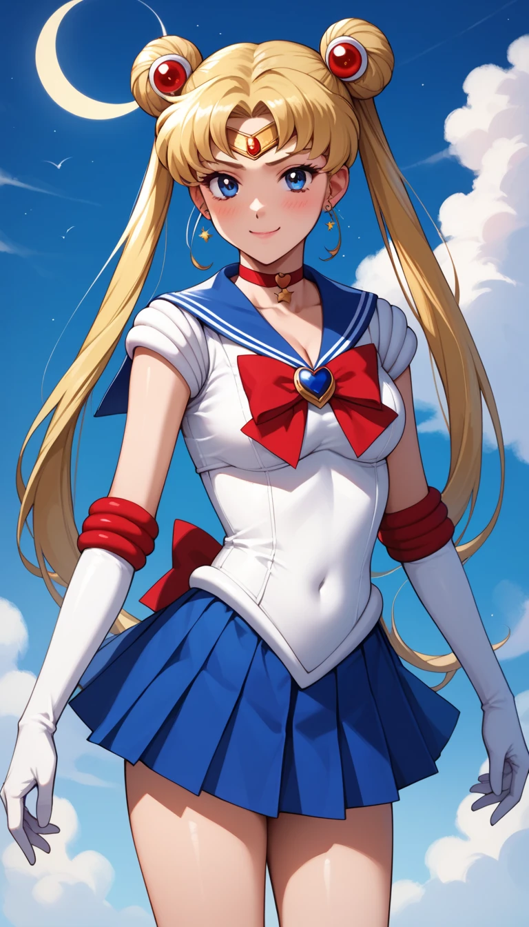 Score_9, Score_8_up, Score_7_up, Score_6_up, Score_5_up, Score_4_up, Source_anime, Tag1, Tag2, Quality_masterpiece, Anatomically correct, detailed skin, 1girl, detailed face, solo,
usagi tsukino, blonde hair, blue eyes, double bun, hair bun, hair ornament, long hair, twintails, circlet, parted bangs,
back bow, blue sailor collar, blue skirt, bow, brooch, choker, crescent moon, elbow gloves, gloves, jewelry, magical girl, pleated skirt, red bow, red choker, ribbon, sailor collar, sailor senshi uniform, skirt, white gloves,

Sensual girl, Seductive, Glamor, seductive BREAK, embarrassed, smug, body facing viewer,

plains, night background, standing, thighs, cleavage 