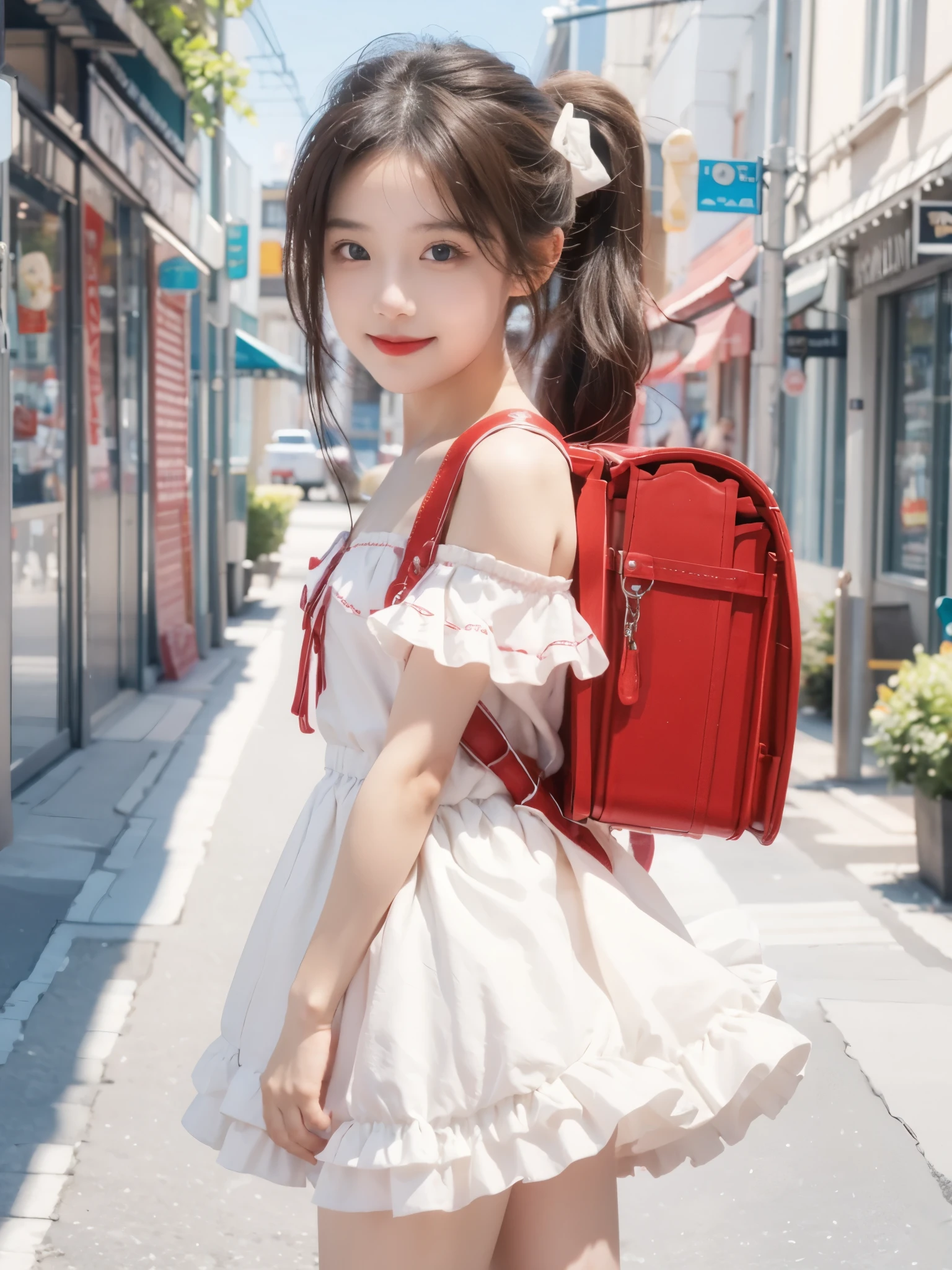masterpiece, best quality, realistic, highres, 1girl, long hair, one side up, solo, ponytail,brown hair, blue eyes, bare shoulders, pink shirt, floral print, short sleeves, off-shoulder shirt, frills, blue skirt, cowboy shot, smile,standing, fullbody, wear high heels, wearing randoseru backpack, (randoseru backpack:1.2), outdoor, day