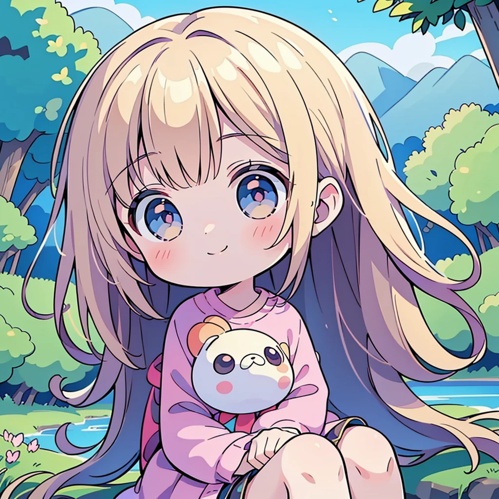 Chibi、1girl, pretty face、、((( dynamic best composition 、 super detailed、 best quality、 greatest masterpiece、 high definition、 perfect anatomy )))、 sitting beside the natural Nakagawa River and playing with fairies、Chibi、cute、smile、fun、like