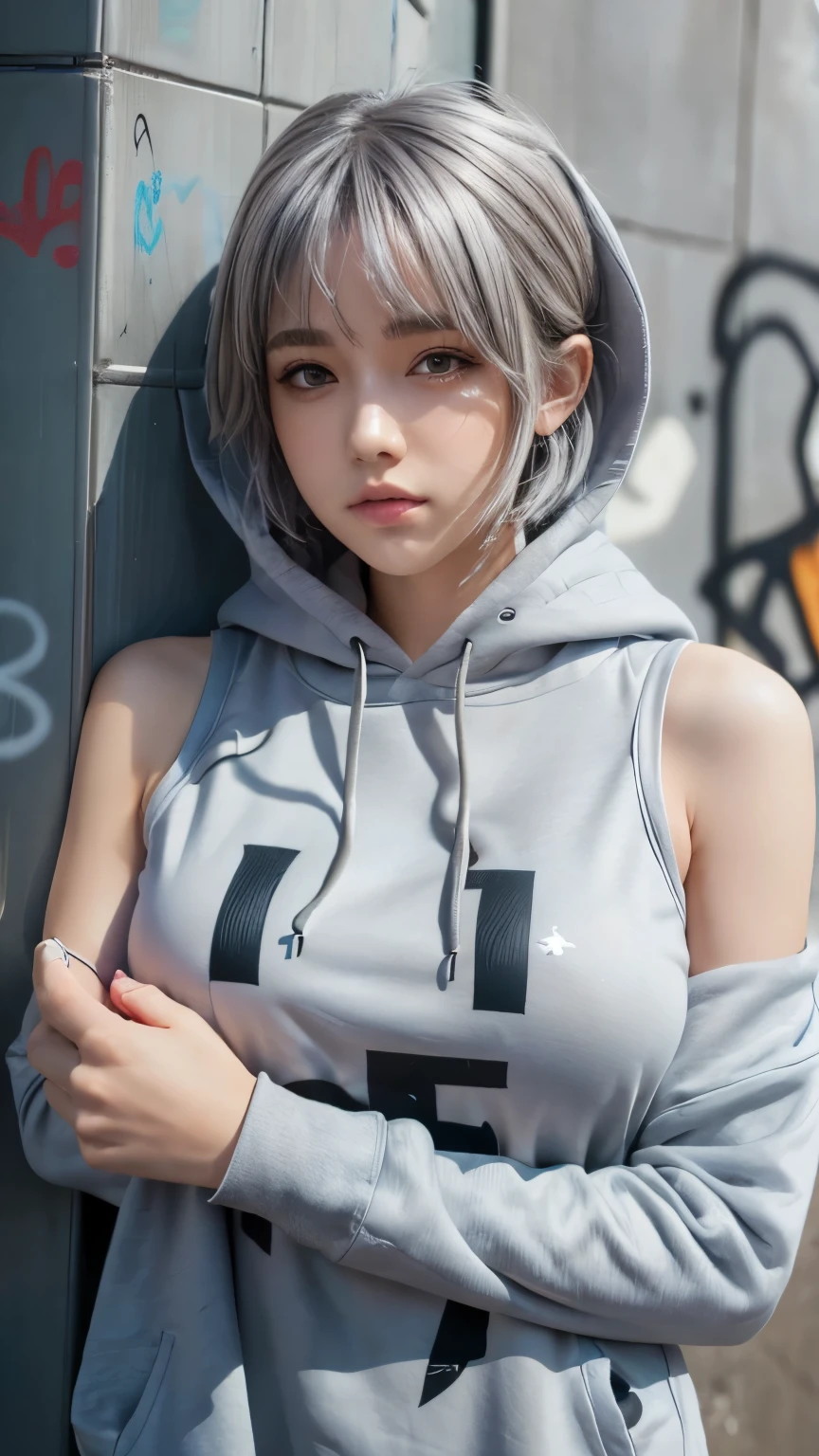 masterpiece, Highest quality, Very detailed, 8k, Realistic, One Girl, alone, Tomboy, Very detailed face, (head shot:1.5), Standing in front of a wall covered in hip hop graffiti, Cyberpunk neon cityscape,Pixie cut white hair, She is wearing a short neon tank top and an open hoodie....,I can see your chest,Nice ass,Wear a New Era cap