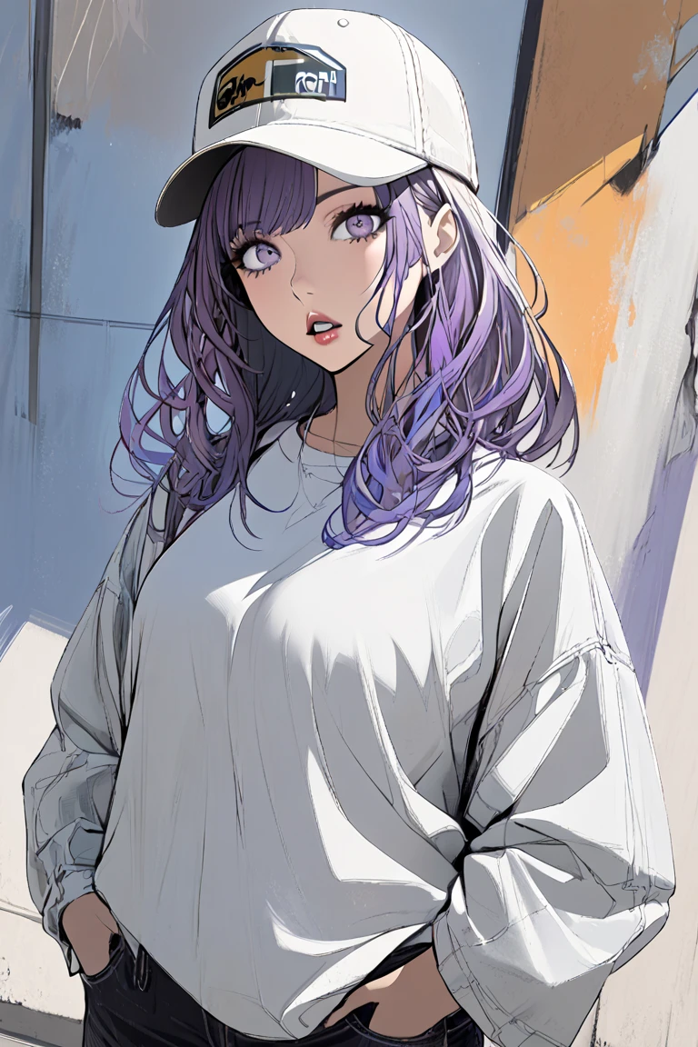 1girl, solo, hat, hands_in_pockets, multicolored_hair, shadow, parted_lips, bangs, standing, white_shirt, looking_at_viewer, shirt,