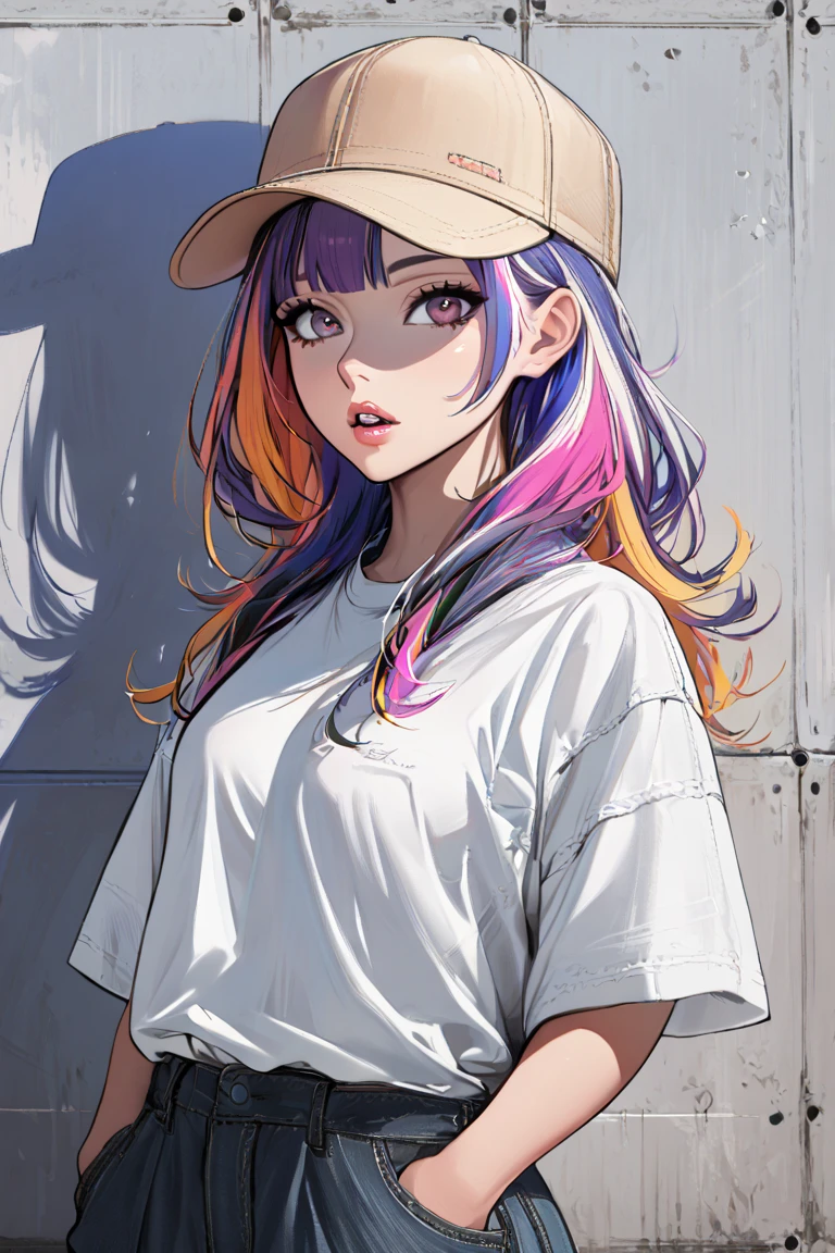 1girl, solo, hat, hands_in_pockets, multicolored_hair, shadow, parted_lips, bangs, standing, white_shirt, looking_at_viewer, shirt,