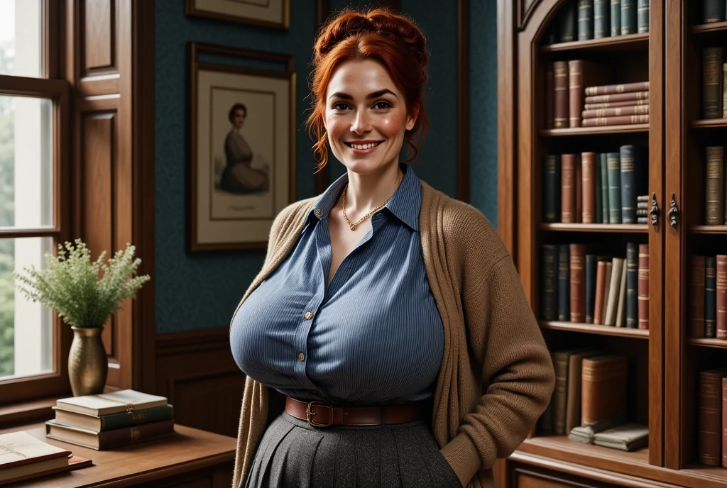 Photorealistic picture featuring a beautiful british woman standing next to an old bookcase inside a rustic Victorian study, smoky blue wallpapers, old paned window behind the desk. She has a happy smile. she's with brown eyes, downturned eye shape. She has high cheekbones and dark eyebrows. She has reddish-brown hair, hair gathered up into a messy bun. light skin and freckles. Her attire includes a blue bengal-striped @blouse, light brown knit cardigan, dark grey herringbone tweed skirt , modest jewellery.