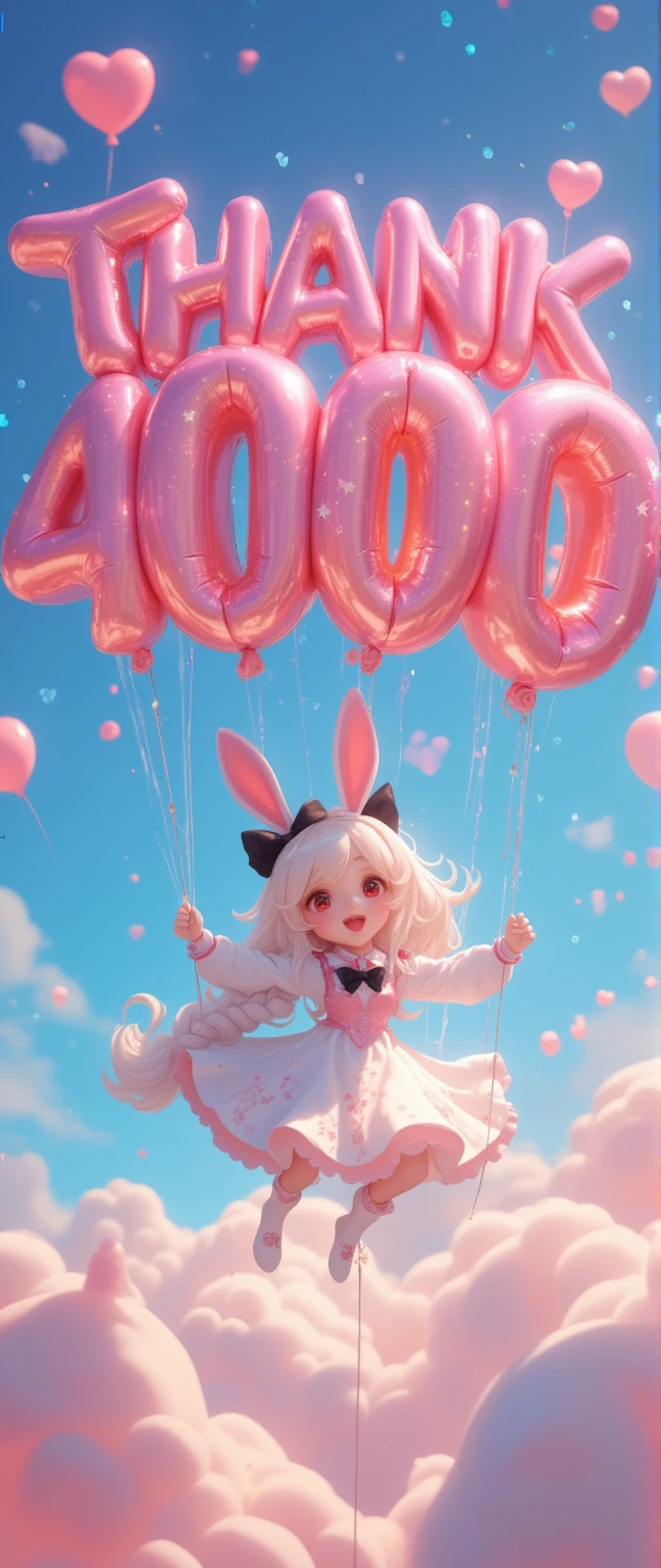 Cute pop balloons shaped "THANK 4000". Pop and vivid and comical and colorful and cute art. Everything floating under zero-gravity weightlessness. gorgeous and colorful heart marks and star marks. rabbit girl\(chibi,cute, kawaii,red eyes,white rabbit ears, wearing pretty white dress embroidered with shiny white silk, luxuriously braided long white hair, big black hair bow, amazed face, smile, cute pose, waving hand, idol\) floating in air. everything floats up to sky. Happy mood, grateful mood. Thanking. beautiful sky. anime style.Perfect hand,Detailed hand,