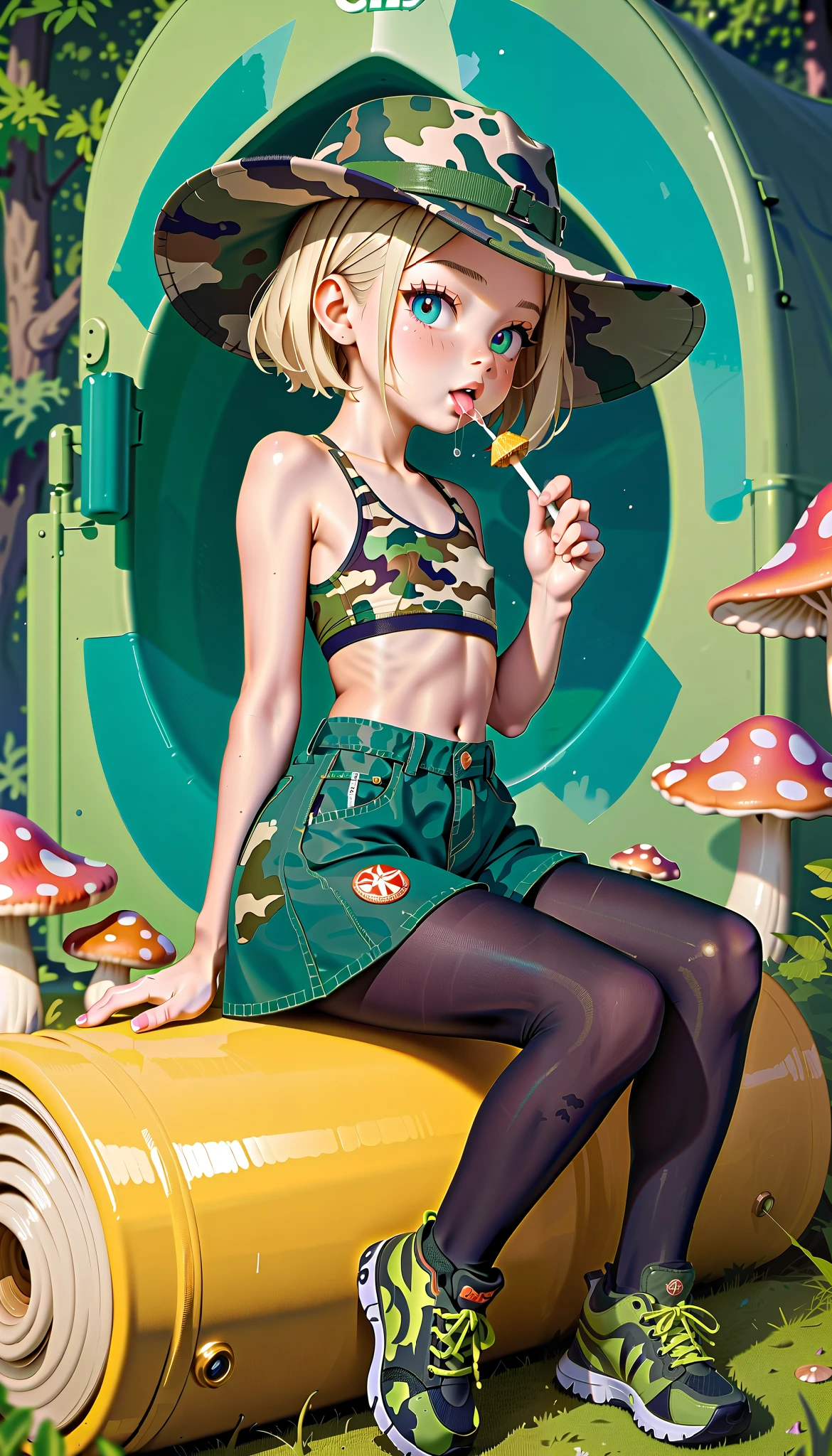 Asuka Tanaka, tight camouflage silk top, extra short army green cargo skirt, (highly shiny black pantyhose:1.4), sneakers, (loli:1.4), sitting in a camp, enthusiastically sucking mushroom shiitake, mushroom in her hand, a lot saliva