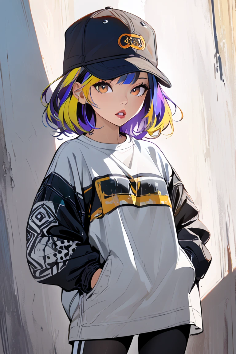 1girl, solo, hat, hands_in_pockets, multicolored_hair, shadow, parted_lips, bangs, standing, white_shirt, looking_at_viewer, shirt,