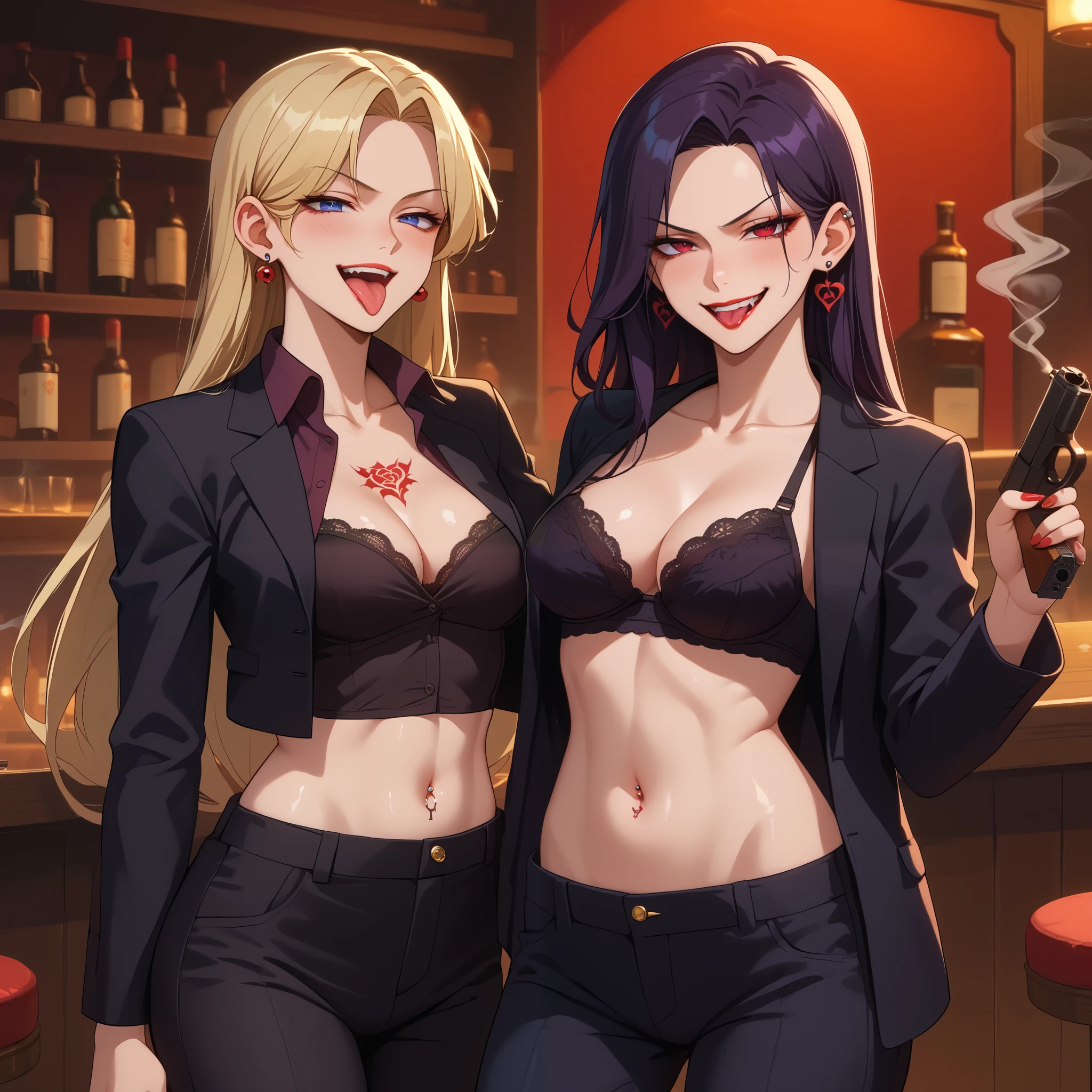 two girls, 2girl, evil smile, smug, smirk, anime coloring, unusually open eyes, ear piercing, long hair, blush, lipstick,Hot girl, baddie, smoking, sensual, attractive ,,bar background, inside bar,indoors, long sleeves,
cleavage, jacket, unbuttoned pants, black jacket, black pants, formal, suit, black bra, evil smile, smile,
(nsfw) not safe for work, navel, evil expression, exposed belly, exposed navel, exposed midriff,
exposed lower belly, unbuttoned long black pants, open mouth, holding a gun, holding pistol, tattoo on body, tattoo midriff, rose tattoo, , shiny skin, navel piercing, tongue out, 