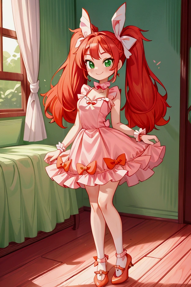 (Masterpiece, best quality) standing indoors with intricate details and sunlight, 1girl, red hair, twintails, green eyes, hair bow, pink and white frilled dress with short neckline, orange heels shoes, Mischievous smile,sexy pose, coquette, beautiful long legs, teen girl, gorgeous body, pronounced breasts.
