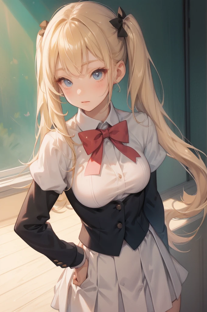 Bound arms, arms behind back, highly resolution, best qualitiy, illustration, Ultra detailded, (Detailed face), (Detailed eyes), Soft lighting, Best Quality, hyper detailed, Masterpiece, Looking at Viewer, Smile, 1girls, Solo, Blonde hair, Small breasts, School Uniform, Skirt, (Colorful), Upper body, The Hut, Window, Night, Moon,