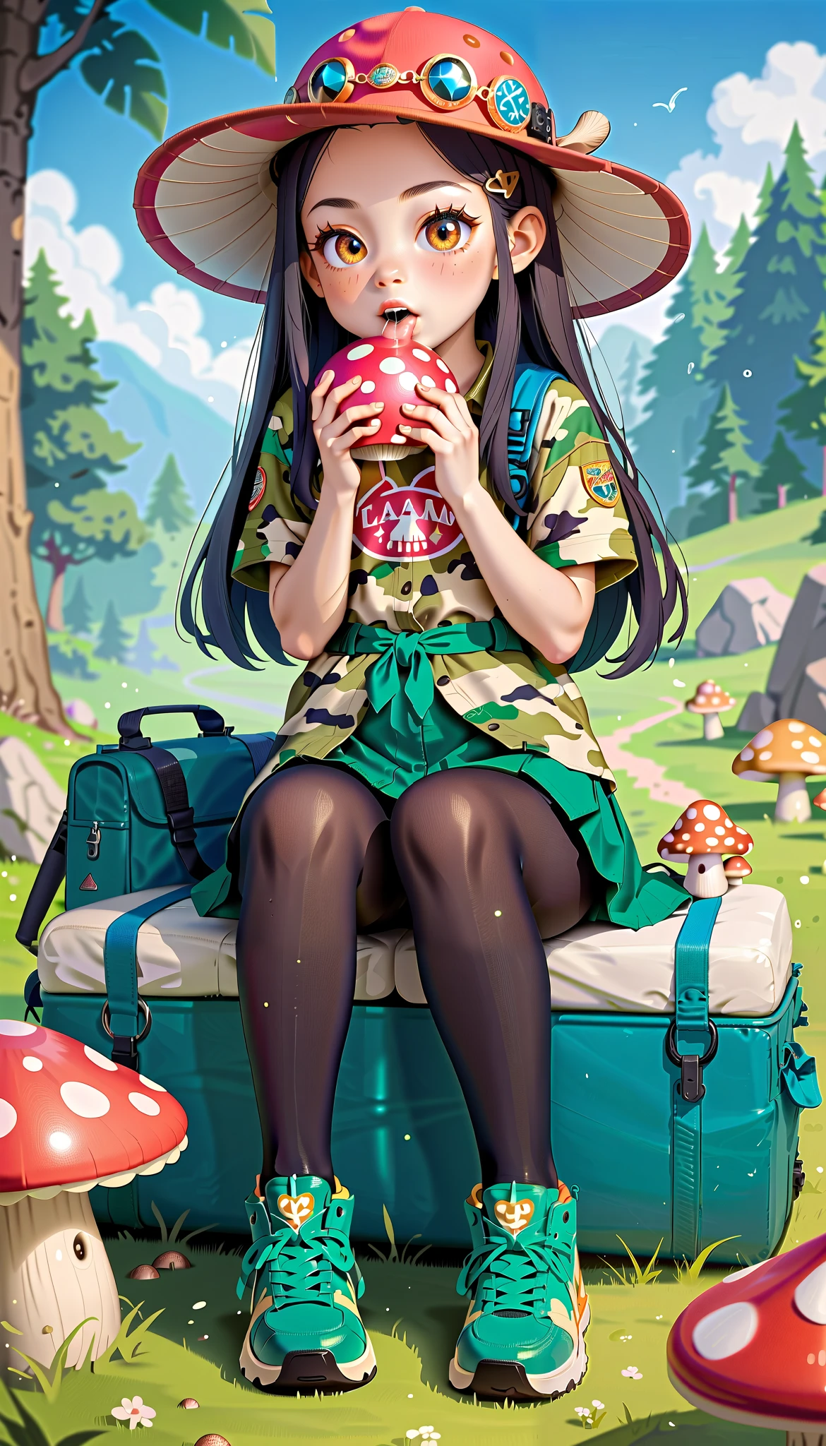 Asuka Tanaka, tight camouflage silk top, extra short army green cargo skirt, (highly shiny black pantyhose:1.4), sneakers, (li:1.4), sitting in a camp, enthusiastically sucking mushroom shiitake, mushroom in her hand, a lot saliva