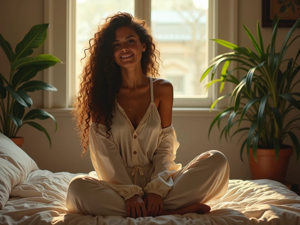 (photorealism:1.2), beautiful woman, sitting on bed, wearing loose off-shoulder top, pajama pants, long curly hair, indoors, soft lighting, plants in background, window with sunlight, cozy room, relaxed pose, realistic, intricate details, warm colors, by Greg Rutkowski, by Alphonse Mucha