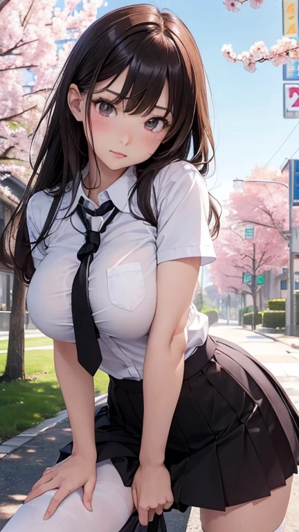 Yui Kotegawa、huge tit、Looking at the camera　Pointing、school classrooms、White check　Green pleated skirt、Black lace　Polka dot bra、White ribbon blouse with open chest、Navel Ejection、Dark blue high socks、White top shoes、A slender