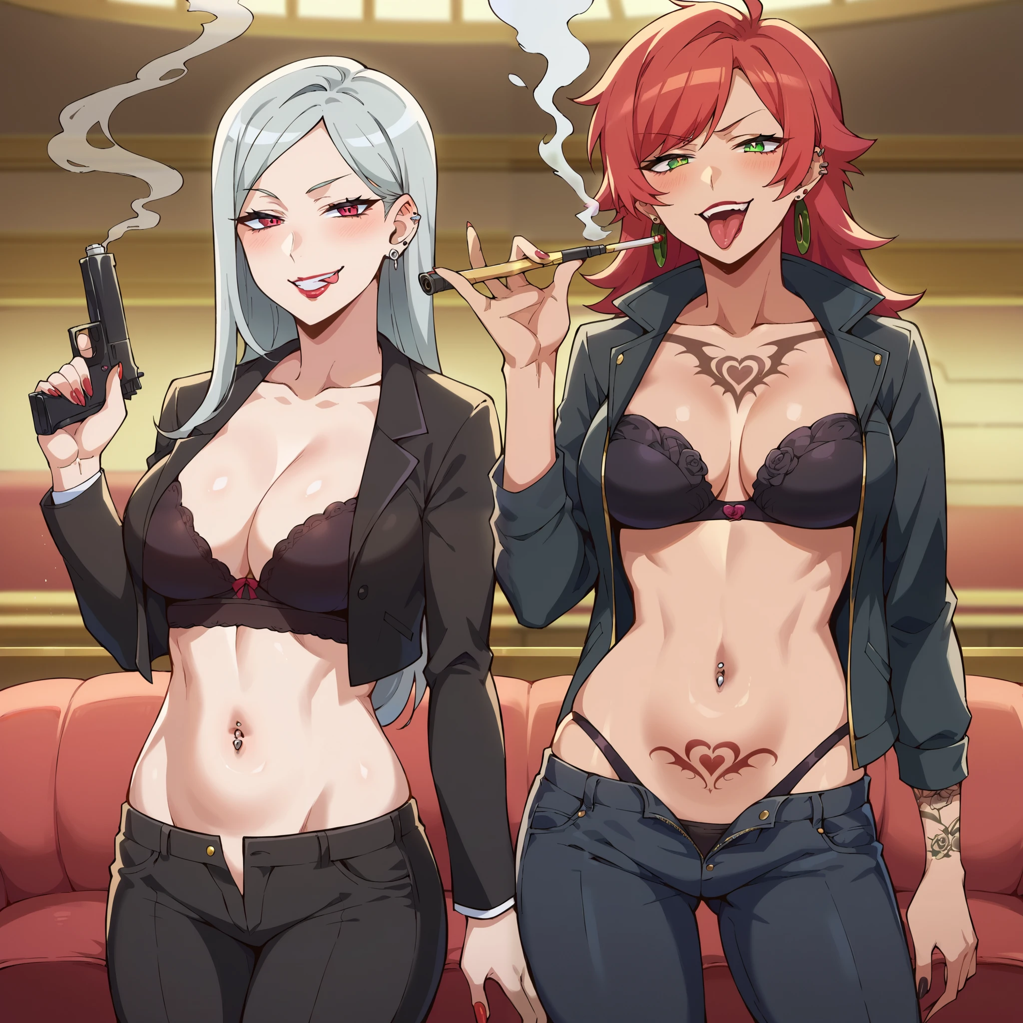 two girls, 2girl, evil smile, smug, smirk, anime coloring, unusually open eyes, ear piercing, long hair, blush, lipstick,Hot girl, baddie, smoking, sensual, attractive ,,bar background, inside bar,indoors, long sleeves,
cleavage, jacket, unbuttoned pants, black jacket, black pants, formal, suit, black bra, evil smile, smile,
(nsfw) not safe for work, navel, evil expression, exposed belly, exposed navel, exposed midriff,
exposed lower belly, unbuttoned long black pants, open mouth, holding a gun, holding pistol, tattoo on body, tattoo midriff, rose tattoo, navel piercing , shiny skin, , tongue out, 