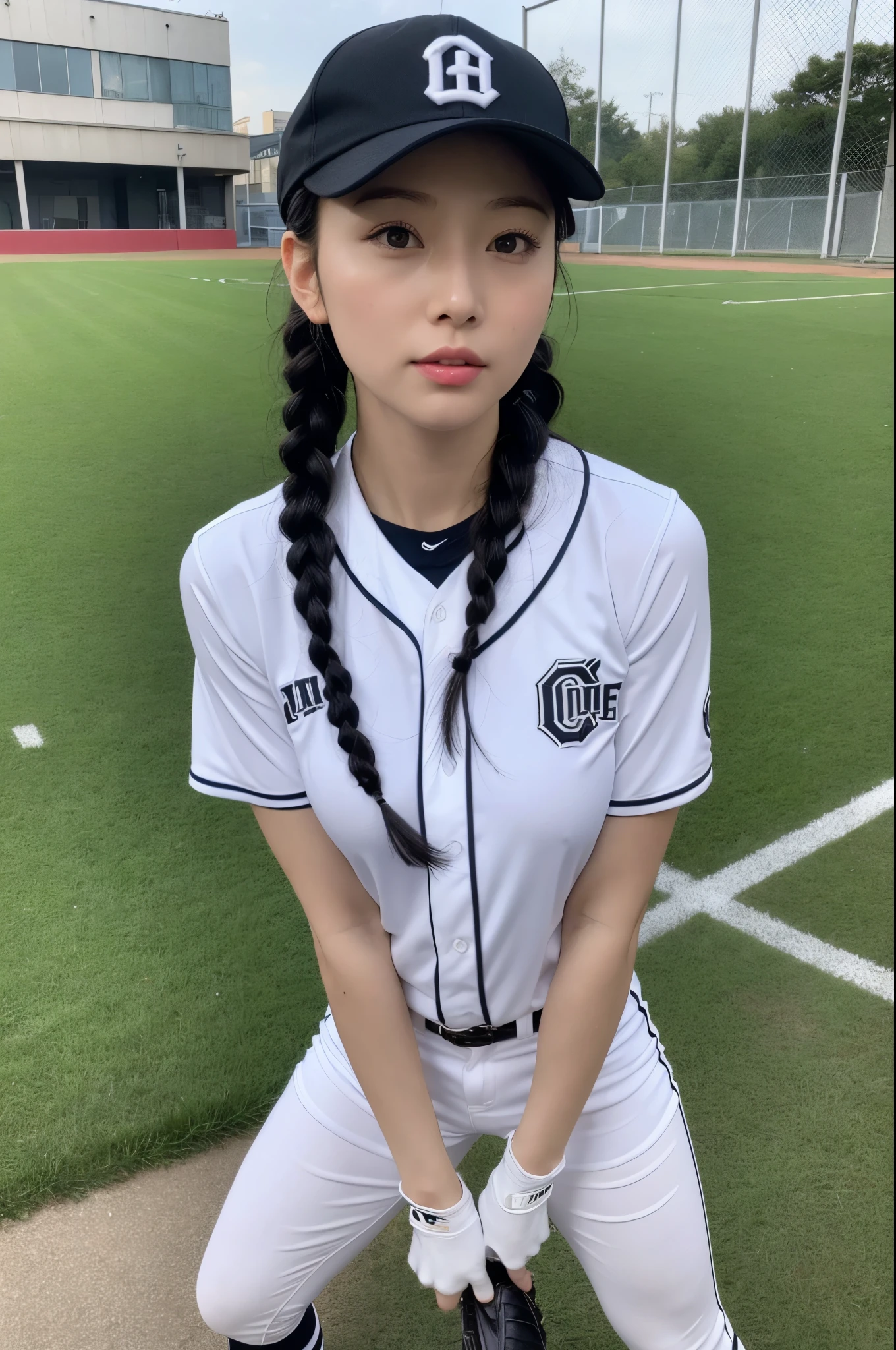 ((Top Quality, 8k, Masterpiece: 1.3)), Beautiful Woman, 1 Woman, Colossal: 1.3, Slender Figure: 1.1, Toned Abs, Dark Brown Hair, (Baseball, Wet Body, Baseball Uniform: 1.1), Ultra Detailed Face, Detailed Lips, Detailed Eyes, Double Eyelids, Baseball Field