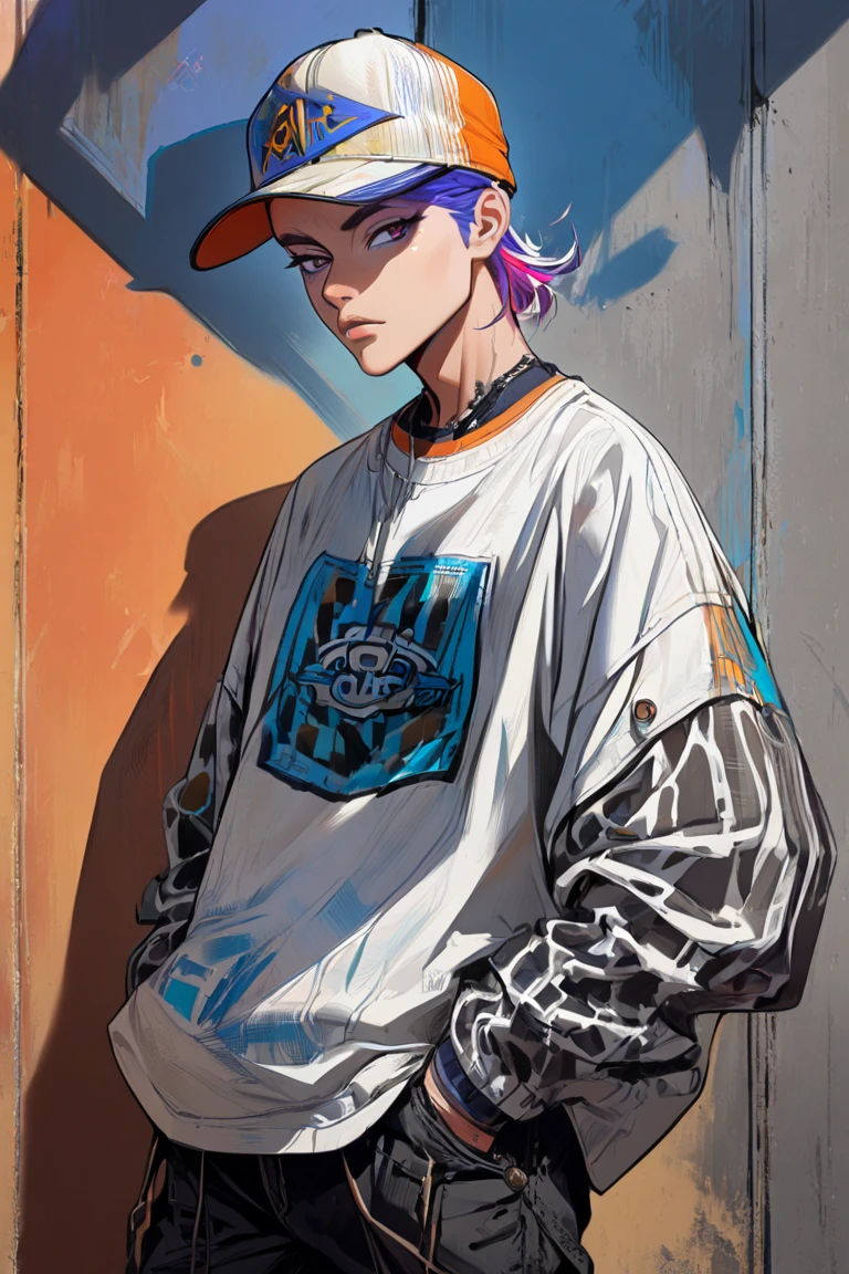 1boy, solo, hat, hands_in_pockets, multicolored_hair, shadow,standing,shirt, looking_at_viewer,