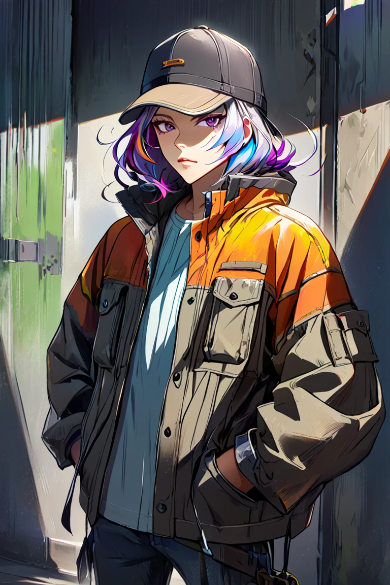 1boy, solo, hat, hands_in_pockets, multicolored_hair, shadow,standing,shirt, looking_at_viewer,