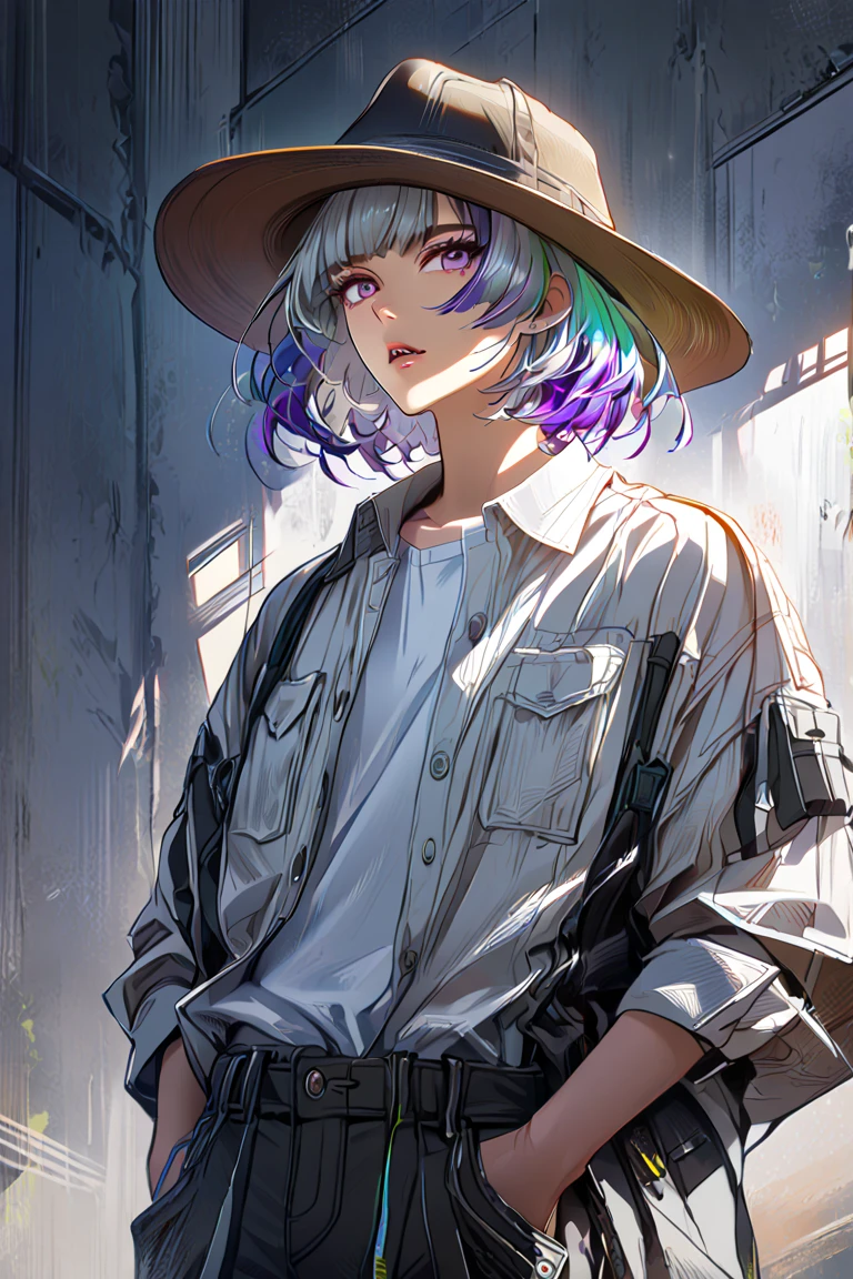 1boy, solo, hat, hands_in_pockets, multicolored_hair, shadow, parted_lips, bangs, standing, white_shirt, looking_at_viewer, shirt,