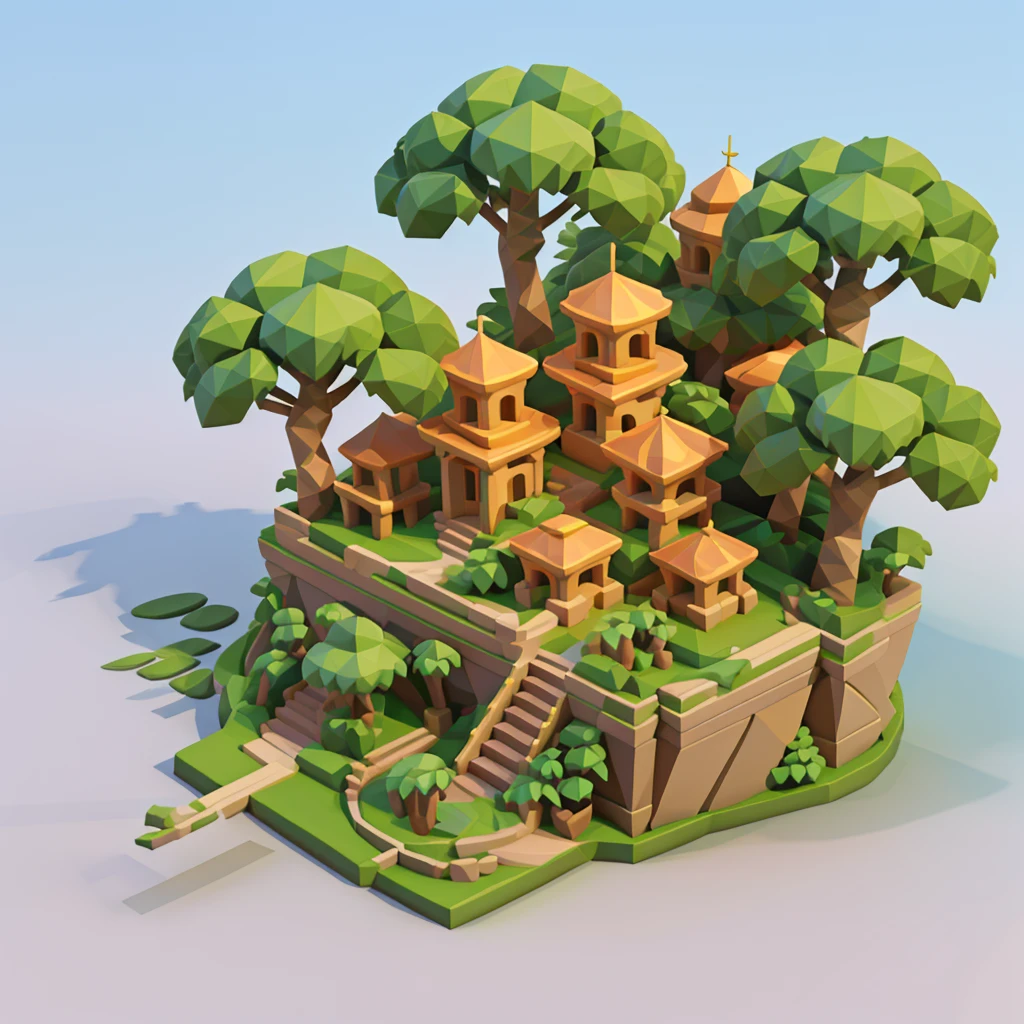 An isometrically complete tiny world，jungle景观, several animals inside , 3d rendering style, jungle环境,  isometric 3D fantasy island , 3d Low Polygon Rendering, 3 d Low Polygon Rendering,  stylized 3D rendering , jungle环境,  low polygon 3D rendering , Low Polygon Rendering,  isometric projection of a small island in the sky , a Low Polygon Rendering, jungle景观,((masterpiece,  better quality)),3D Rendering，Miniature Landscape，lowpoly,Ultra HD 8K, clearly focuses , Very Detailed ,Professional lighting,Color details，jungle， Amazon rainforest ，vine，Cannibals，Suspension Bridge ，bonfire， rainforest plants ， stone ，vine，Clean background