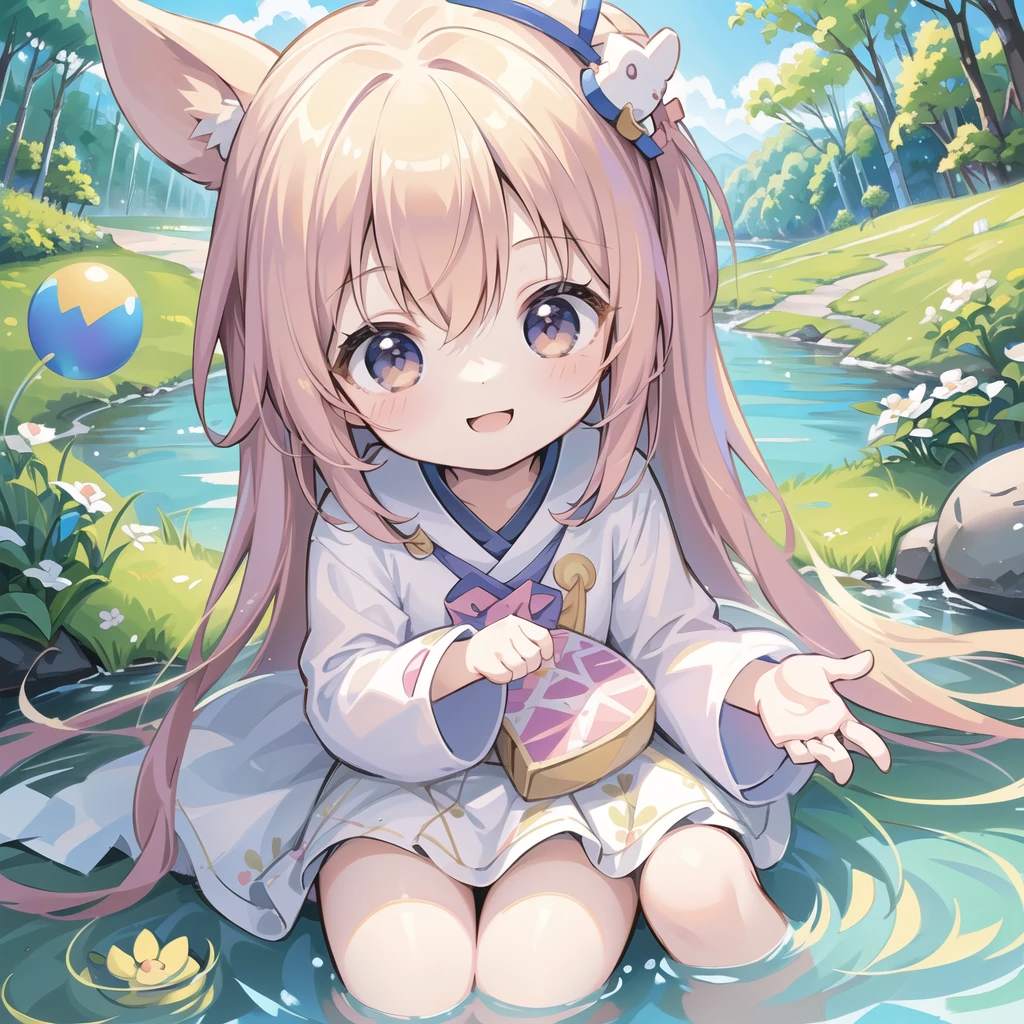 Chibi、1girl, pretty face、、((( dynamic best composition 、 super detailed、 best quality、 greatest masterpiece、 high definition、 perfect anatomy )))、 sitting beside the natural Nakagawa River and playing with fairies、Chibi、cute、smile、fun、like