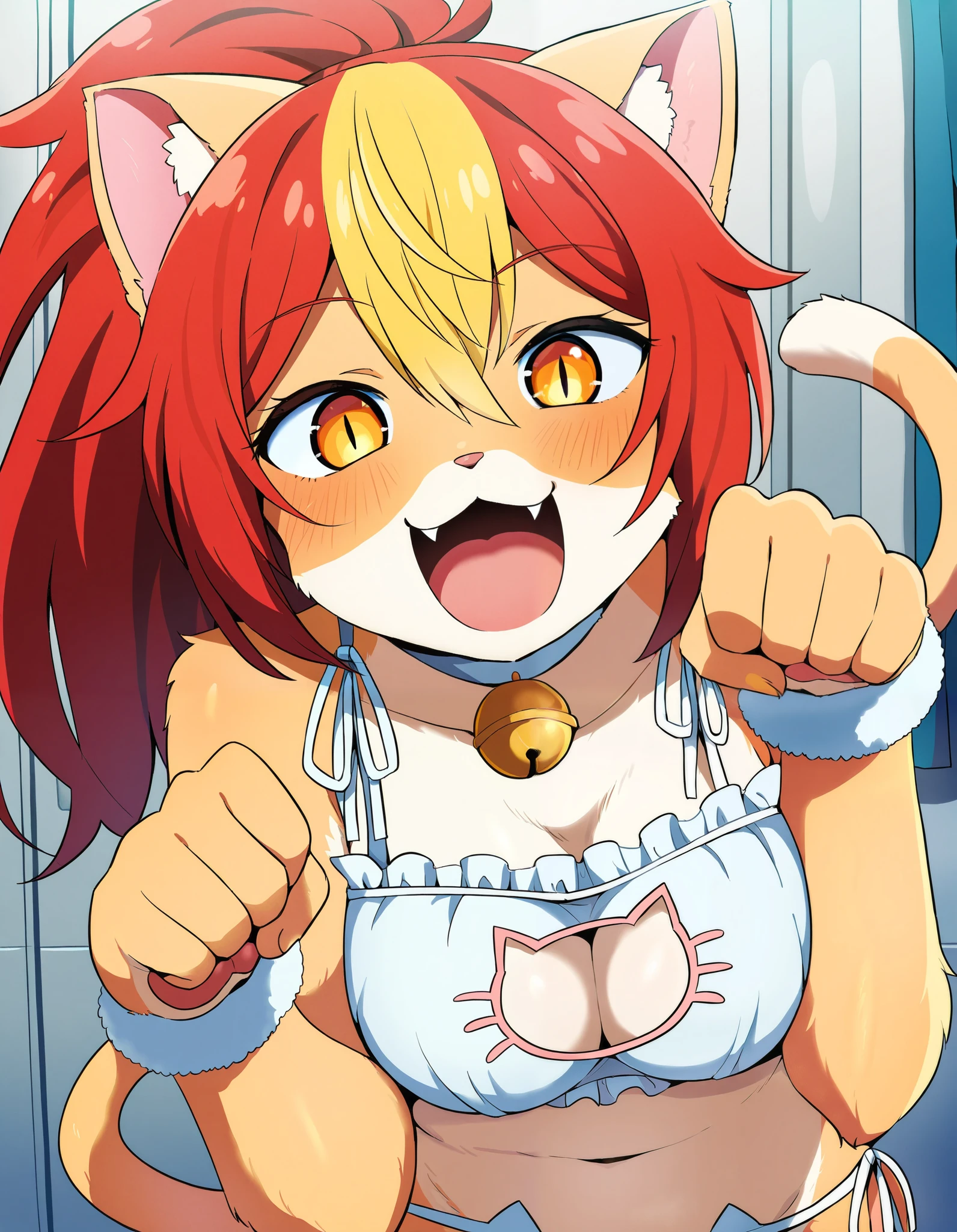 score_9, score_8_up, score_7_up, rating_ safe, solo, 1girl, Dagashi_(Daga2626), cat_girl, cat_ears, cat_tail, breasts, paw_pose, cat_lingerie, happy, fangs, open_mouth, looking_at_viewer, indoors, fur, furry, body_fur, brown_fur, blonde-eyes, slit_pupils, ponytail, red_hair