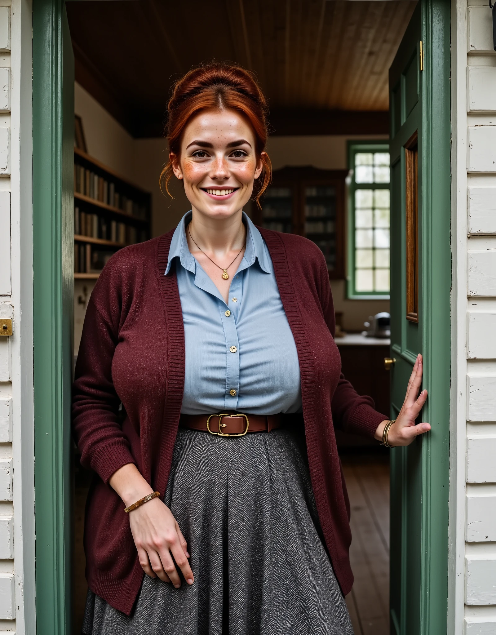 Photorealistic picture featuring a beautiful british woman standing next to an opened front door of a rustic Victorian wooden house, green front door, brass knocker. White wooden walls. She has a happy smile. she's with brown eyes, downturned eye shape. She has high cheekbones and dark eyebrows. She has reddish-brown hair, hair gathered up into a messy bun. light skin and freckles. Her attire includes a light blue blouse, burgundy knit cardigan, grey mid-length herringbone tweed skirt , modest jewellery.