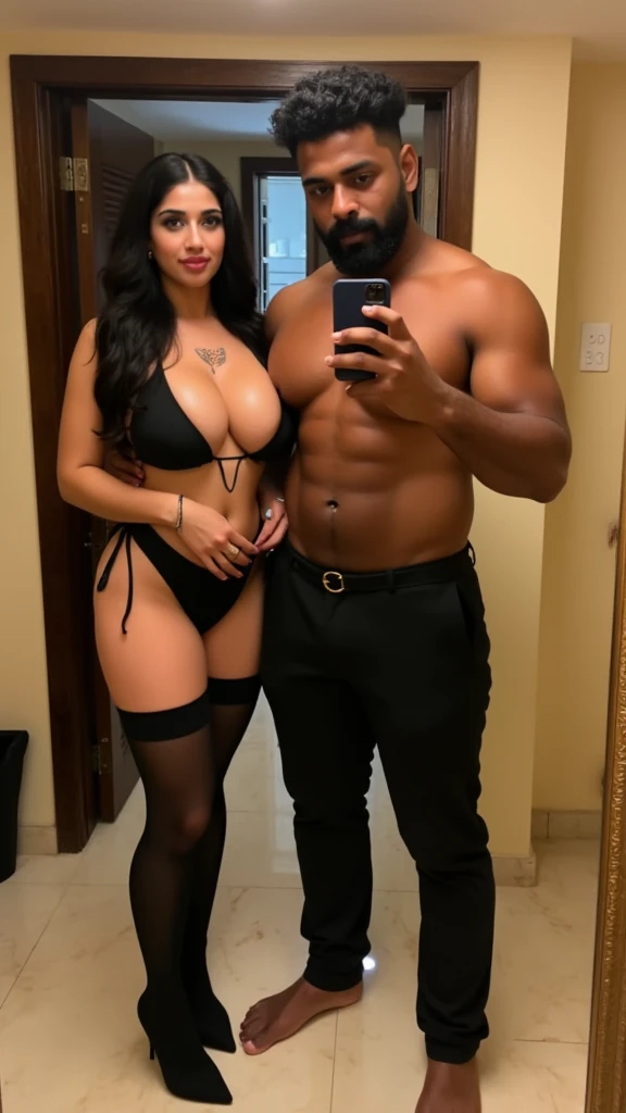 A 38-year-old, plump MILF woman with brunette hair and her young boyfriend with a muscular belly are in the mirrored toilet, the woman has her hand on the man's shoulder. they are taking selfies
