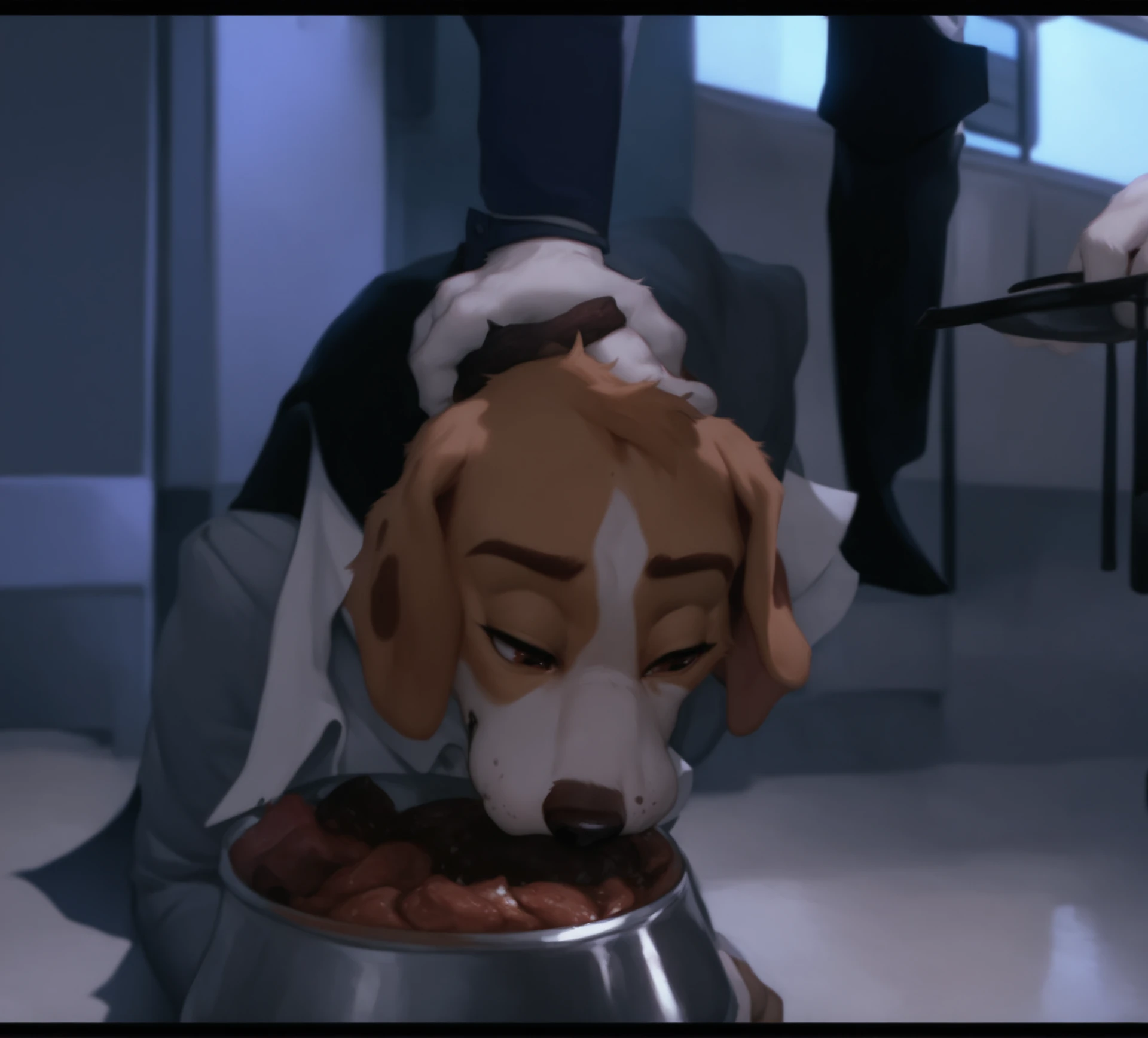 score_9, score_8_up, score_7_up, score_6_up, anthropomorphic, furry, beagle, wearing a airport security dog sheet (dog cape shaped), eating meat chops, metal feeding bowl, feeding head down