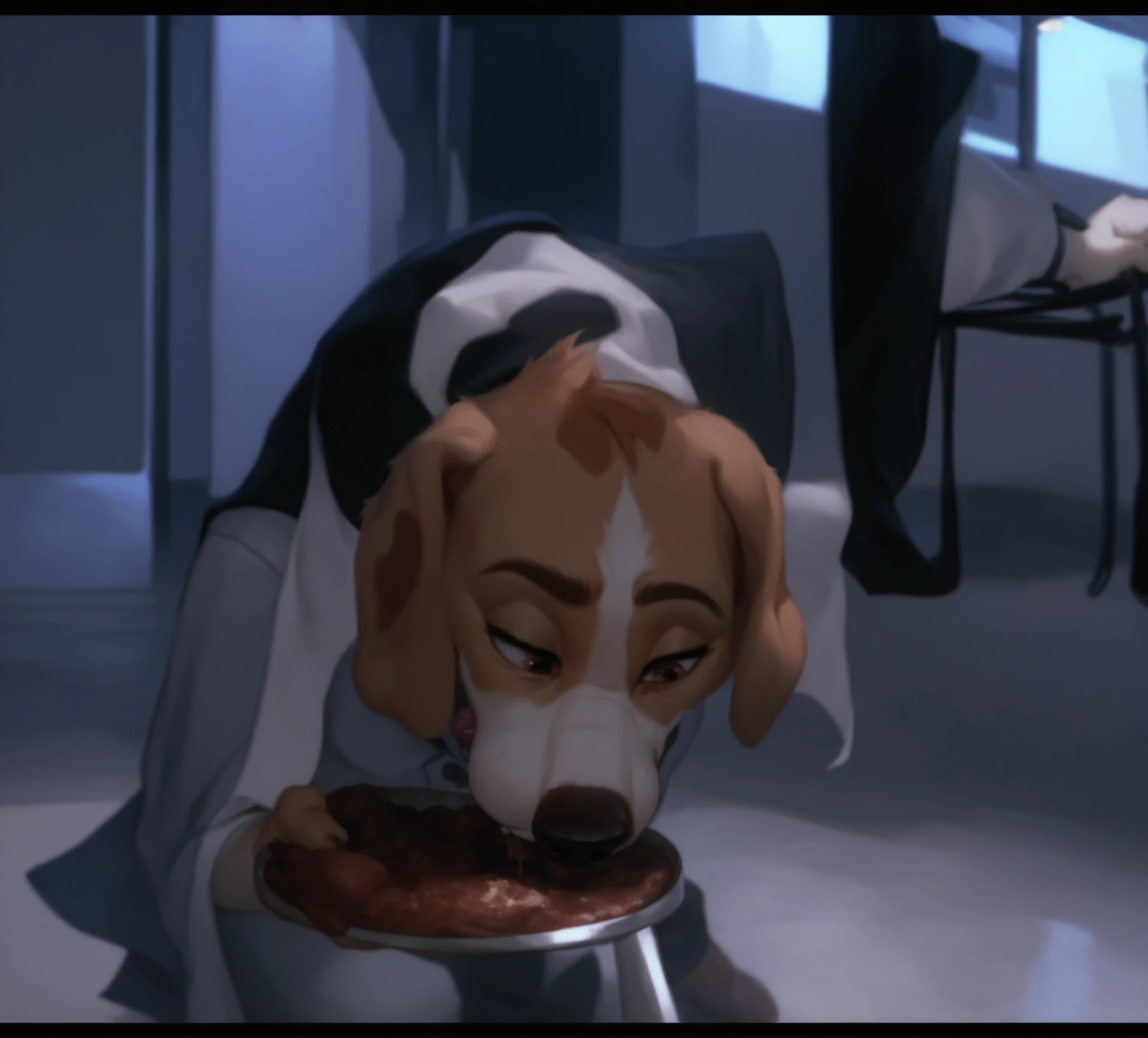 score_9, score_8_up, score_7_up, score_6_up, anthropomorphic, furry, beagle, wearing a airport security dog sheet (dog cape shaped), eating meat chops, metal feeding bowl, feeding head down