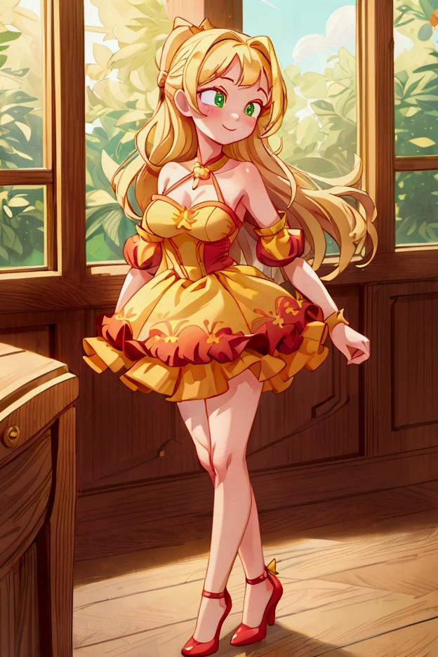 (Masterpiece, best quality) 1 girl, standing indoors with intricate details and sunlight, red and yellow frilled dress with short neckline, red heels, blonde long hair, green eyes, sexy smile, sexy pose, coquette, beautiful long legs, mature  girl, gorgeous body, pronounced breasts.