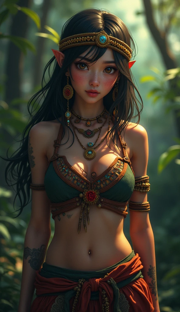 A beautiful Indian woman walking in the forest, cabelos pretos longo e liso com franja reta, pernas grossas e peitos grandes e pontudos, peitos grandes pesados, sensual, semi nua, top, floresta chuvosa, mata fechada, Lugar misterioso, Ancient redheads in the Amazon, molhada, peitos grandes, pele morena, pele escura, bronzeada, tanga de renda, pele suada, india, Indigenous body painting, Headdress on the head with peacock feathers, mini indigenous skirt. Fotografia ultra realista e detalhada, fotografia profissional, F1.8