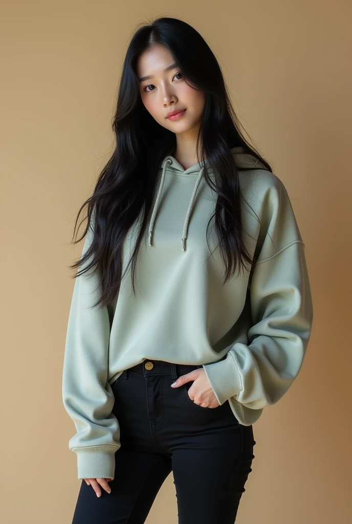 Pretty asian woman, bright silver hair, long hair, green eyes, busty, black shorts and a green hoodie, cute, sitting on a wooden barstool ,empty background, pretty smile